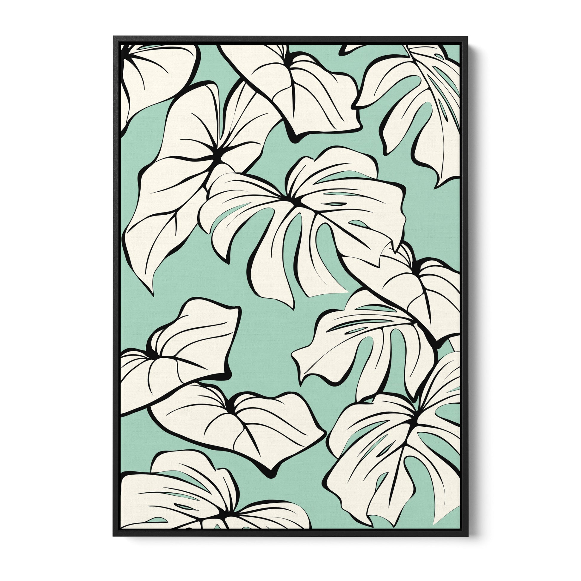 Kai Mint tropical wall art - sophisticated cream leaves with bold black outlines on soft mint green background, framed print front view