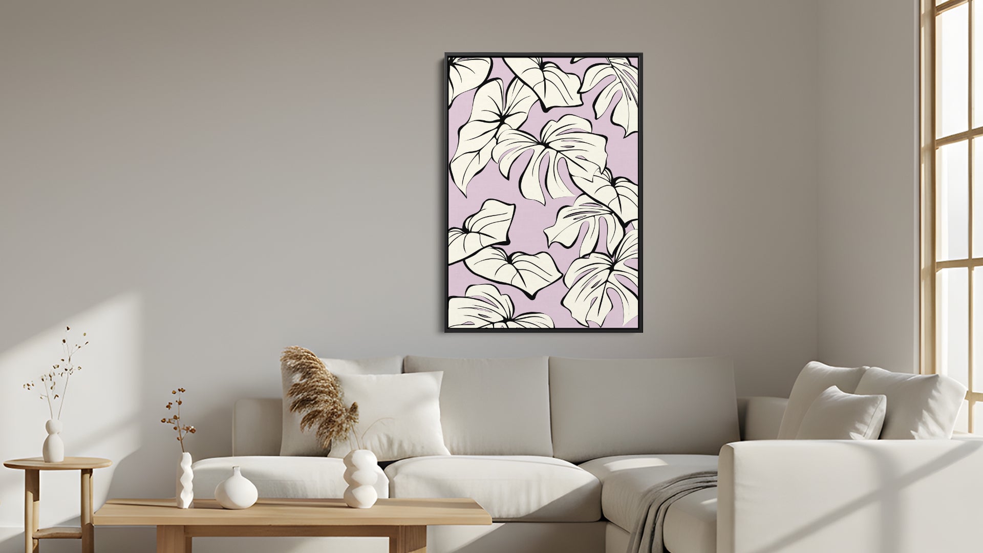 Kai Lilac tropical wall art in modern room setting - sophisticated botanical design creating soft statement piece for contemporary home deco