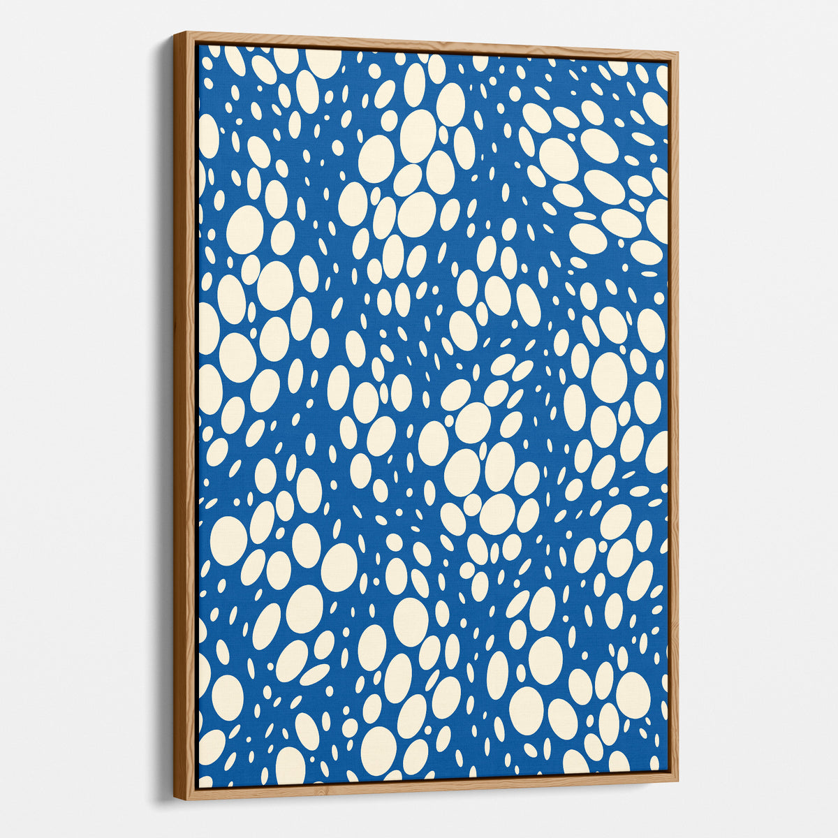 Lauren Blue ditsy floral canvas print in oak floater frame, portrait format