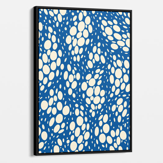 Spots Blue abstract wall art angled view showing frame depth - dynamic organic polka dot design with scattered white spots