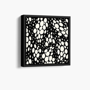 Spots black mini abstract wall art angled view showing frame depth - dynamic organic polka dot design with scattered cream spots