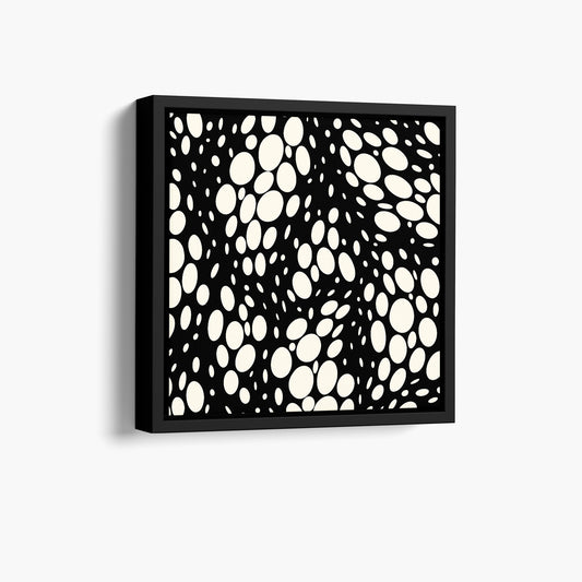 Spots black mini abstract wall art angled view showing frame depth - dynamic organic polka dot design with scattered cream spots