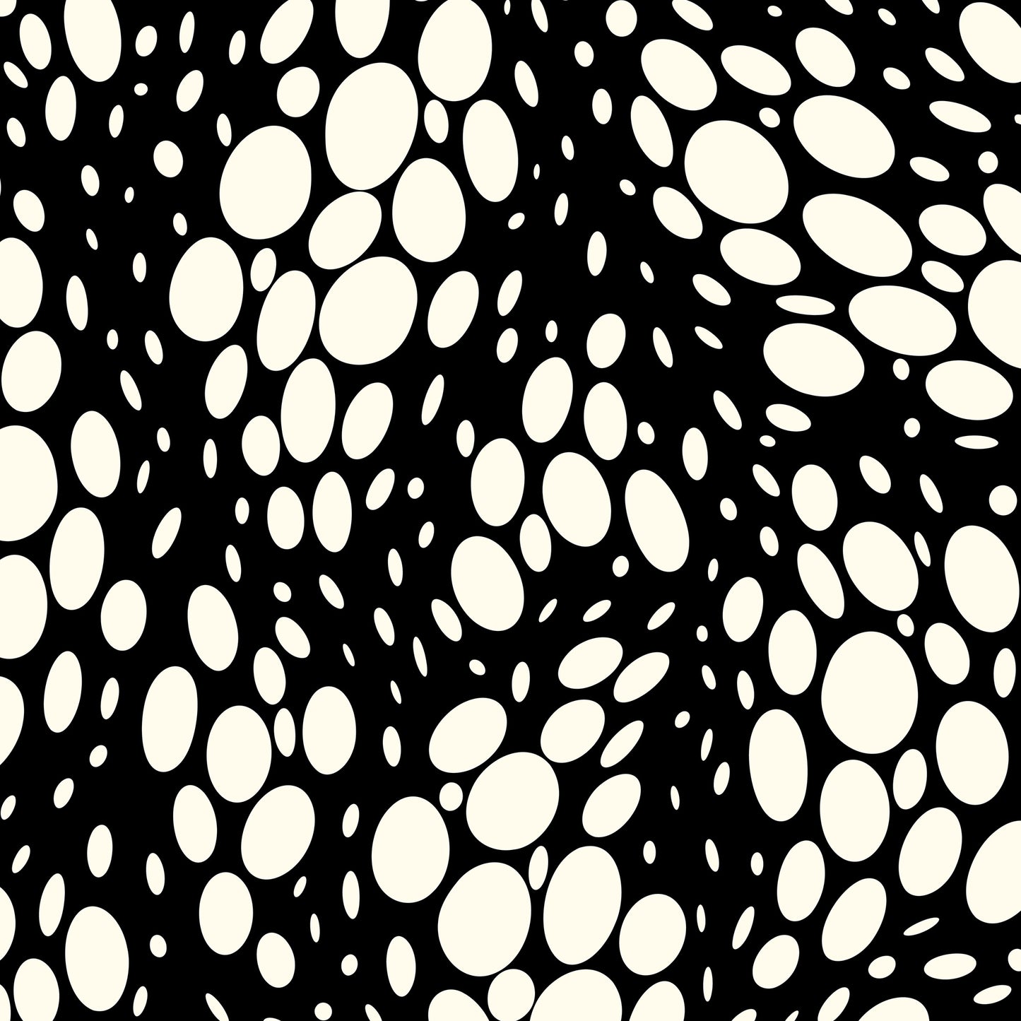 Detail view of Spots black abstract print - hundreds of varied-size white oval shapes creating texture on black background