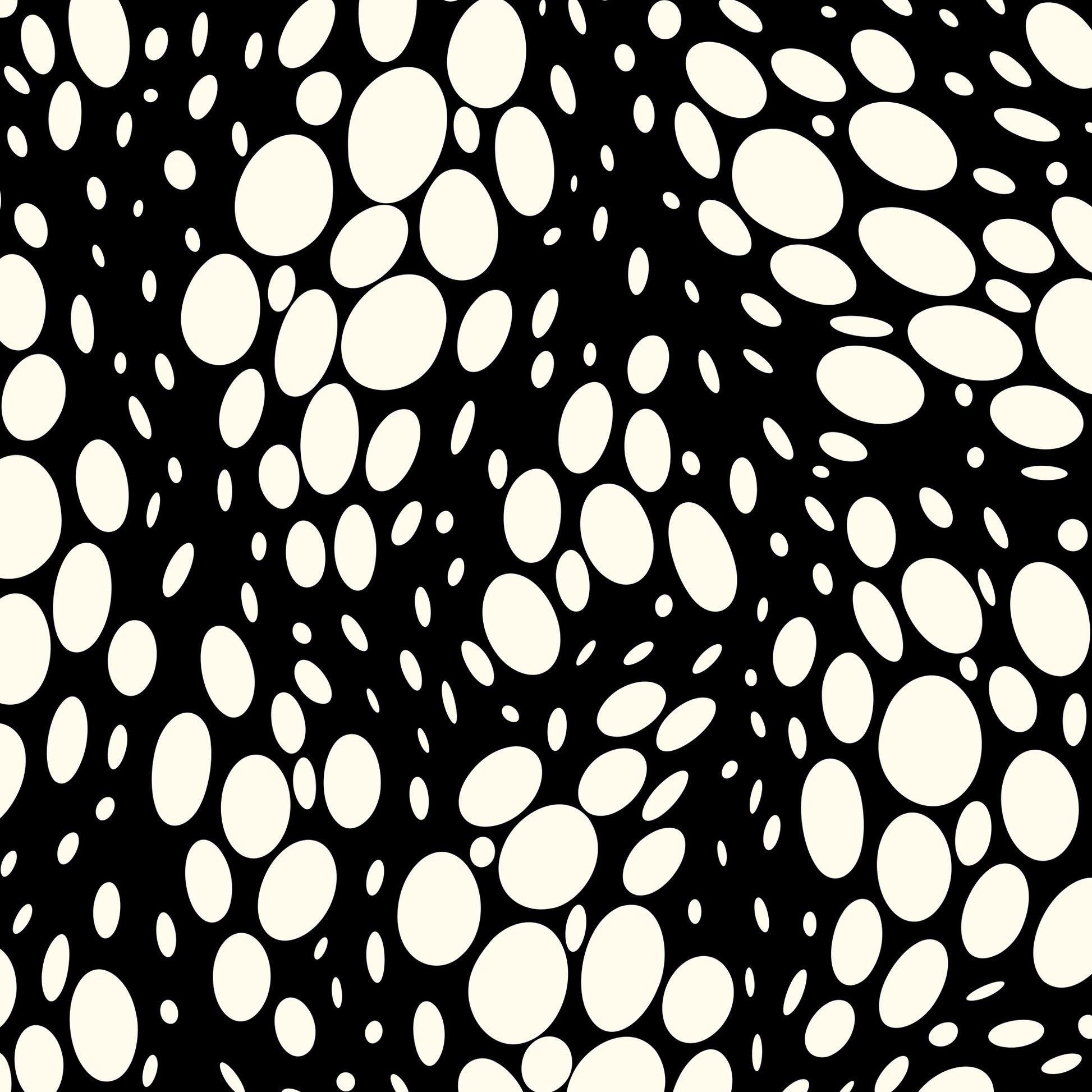 Detail view of Spots black abstract print - hundreds of varied-size white oval shapes creating texture on black background