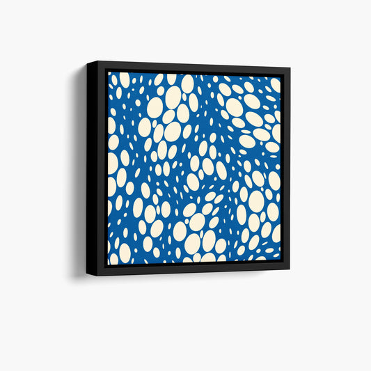 Spots Blue mini abstract wall art angled view showing frame depth - dynamic organic polka dot design with scattered white spots