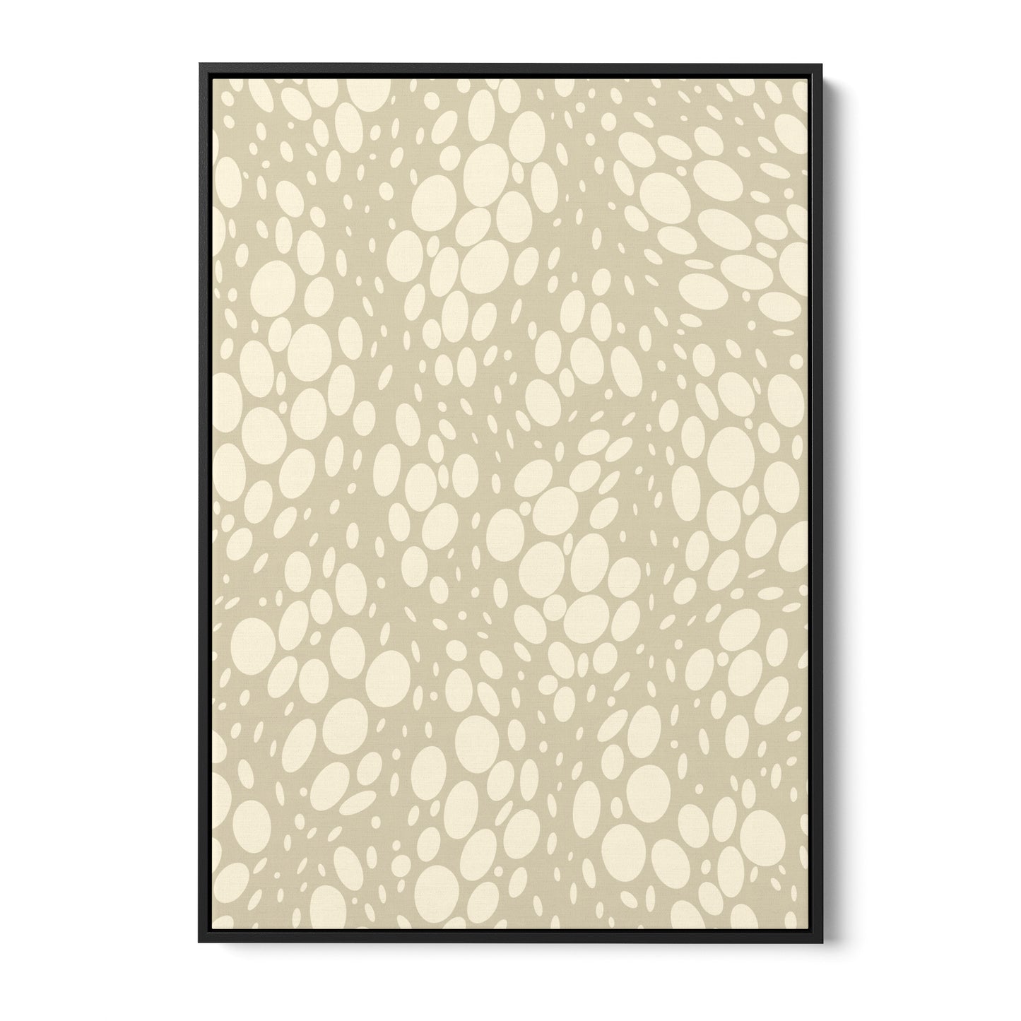 Spots Stone abstract wall art - monochromatic pattern with irregular cream ovals on coffee background, framed print front view