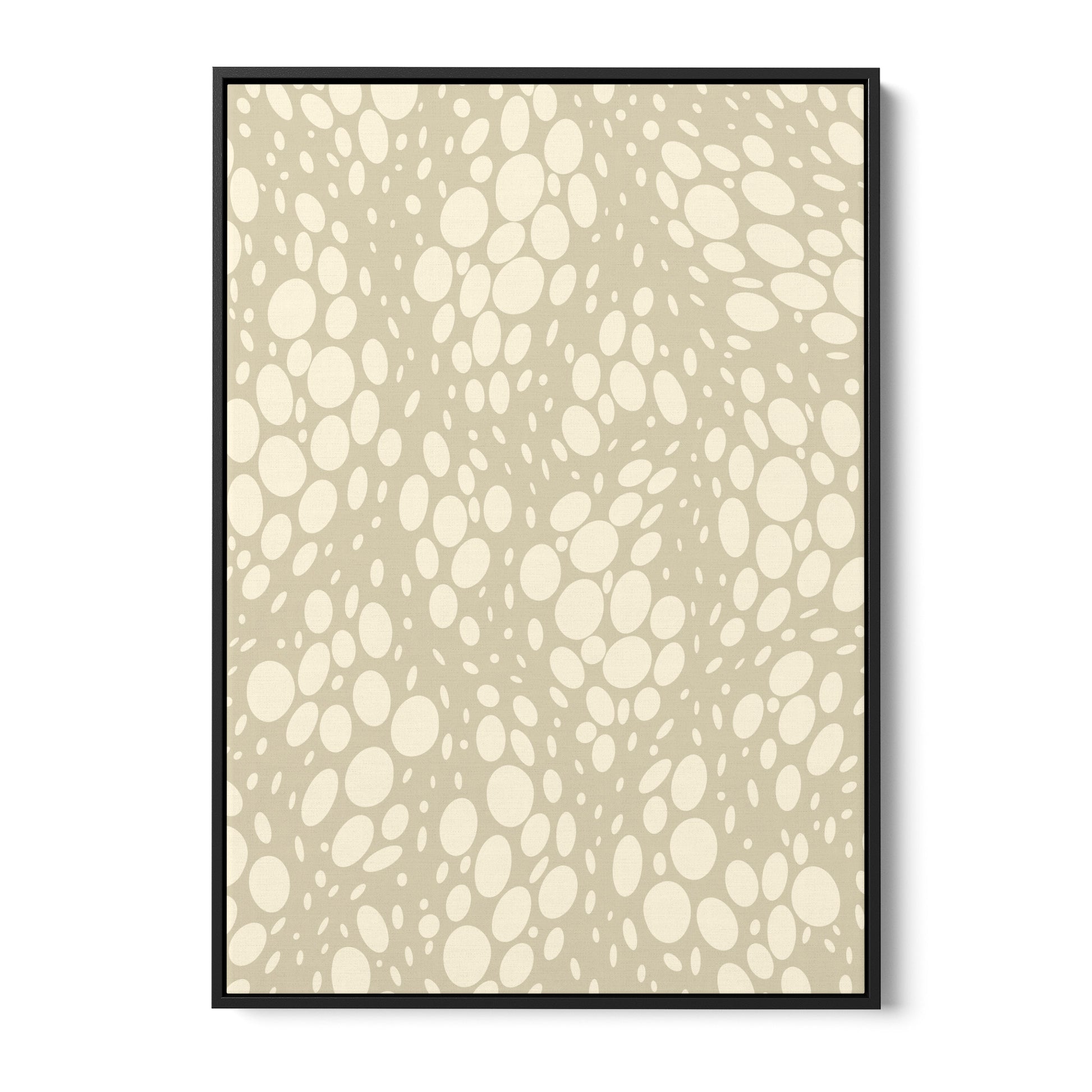 Spots Stone abstract wall art - monochromatic pattern with irregular cream ovals on coffee background, framed print front view