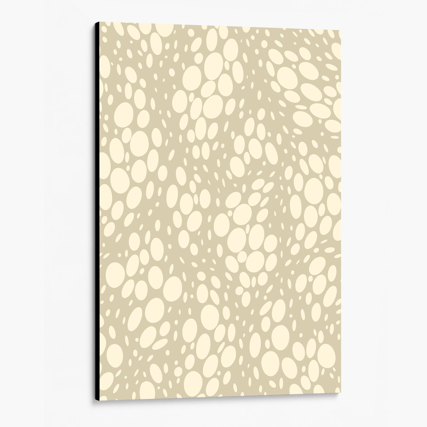 pots Stone abstract wall art angled view showing a canvas with  dynamic organic polka dot design with scattered cream spots