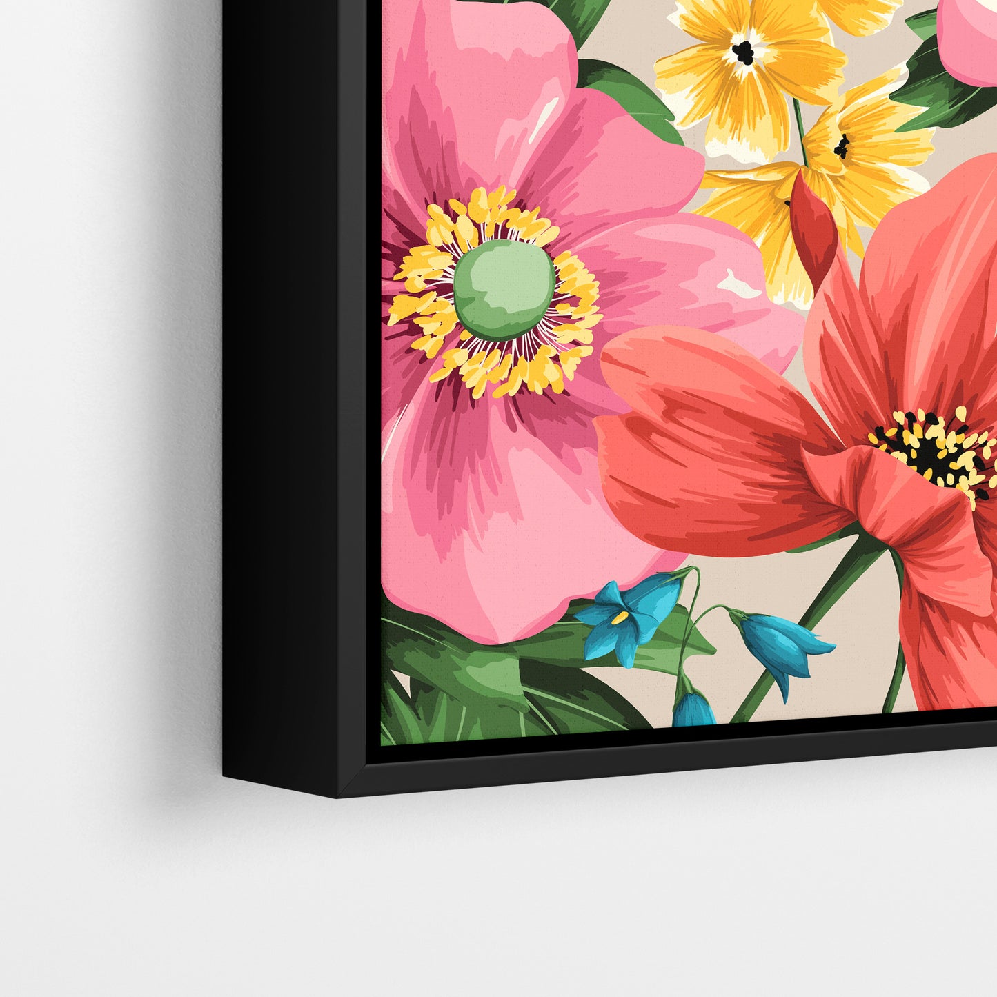Close-up detail of framed Meadow Oatmeal print - blush pink anemone petals and golden yellow wildflowers against soft oatmeal background