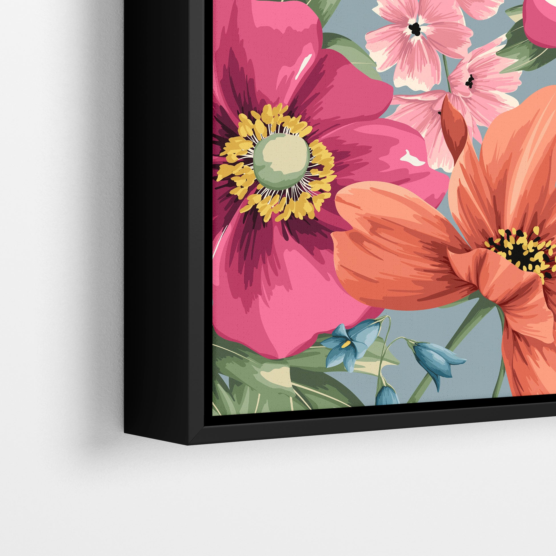Close-up detail of framed Meadow Smoky Blue print - deep magenta anemone petals and coral cosmos against soft smoky blue background