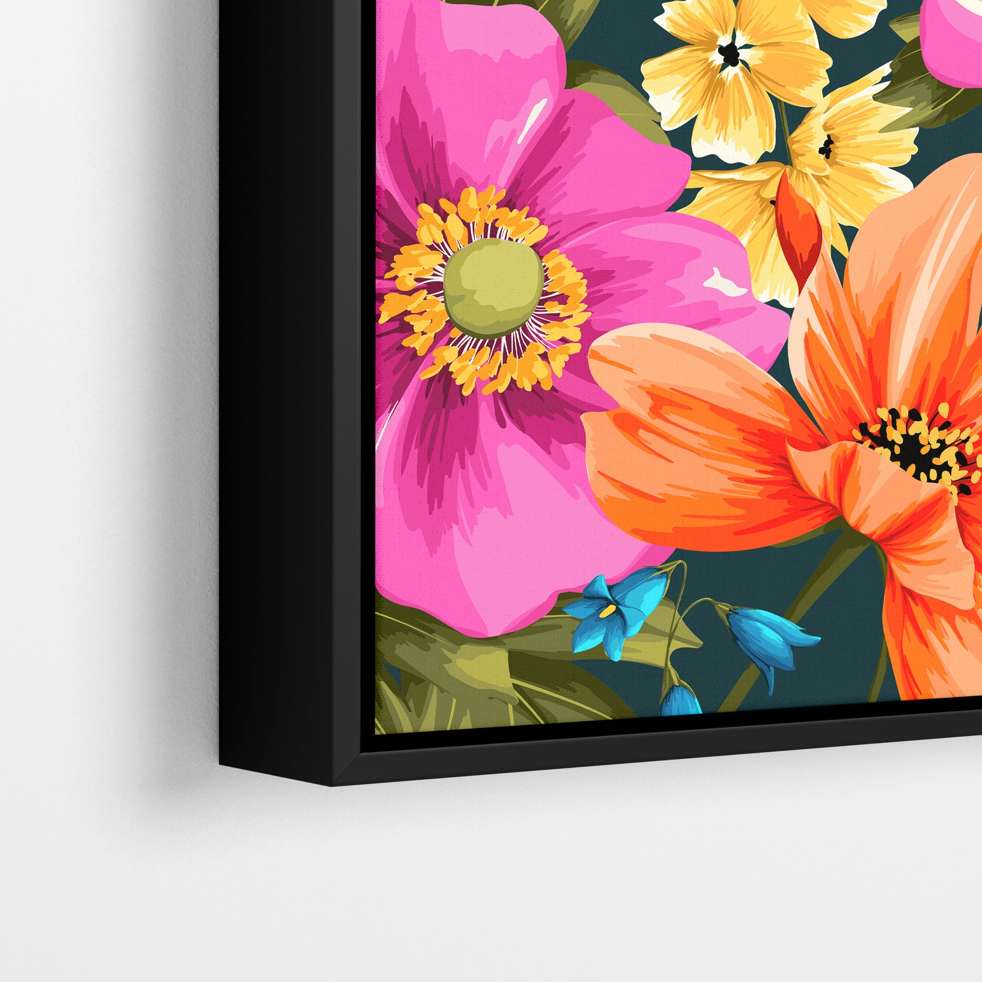 Close-up detail of framed meadow print - soft pink anemone petals and golden yellow blooms against deep teal background