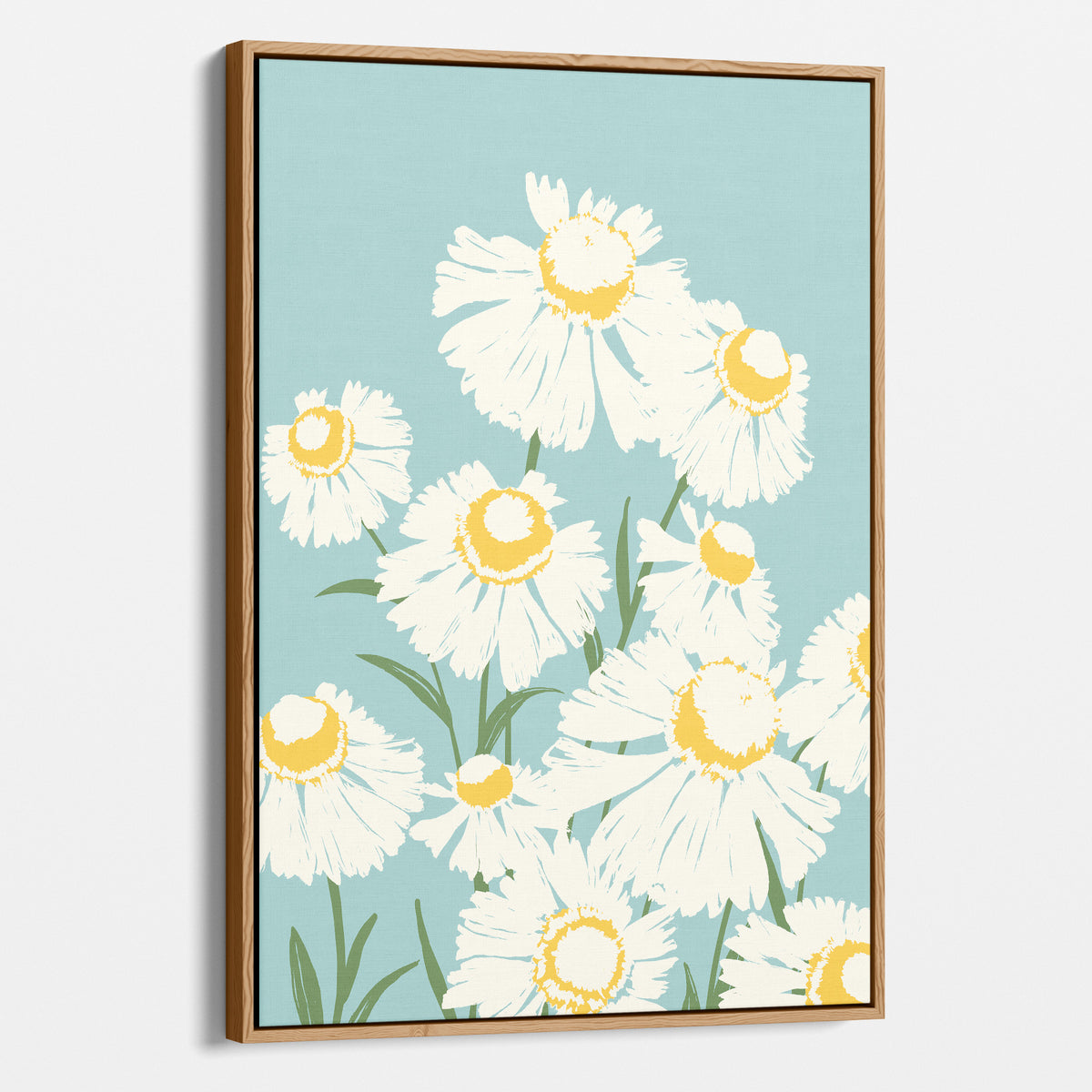 Oak Framed Margarite wall art featuring a stylised floral print of white daisies with yellow centres on a light blue background.