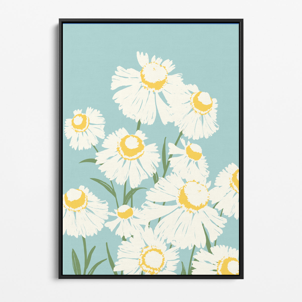 A Black floating framed floral art print featuring white daisy-like flowers with yellow centre on a light blue background, 