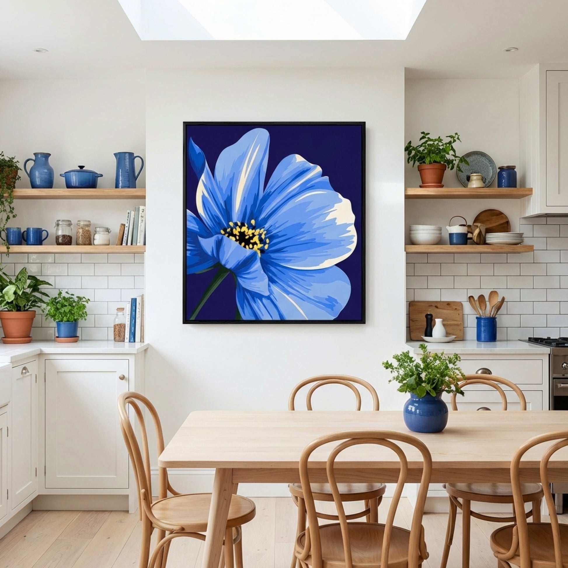Kitchen with a large  Maya Blue flower canvas on the wall, wooden table, and chairs.