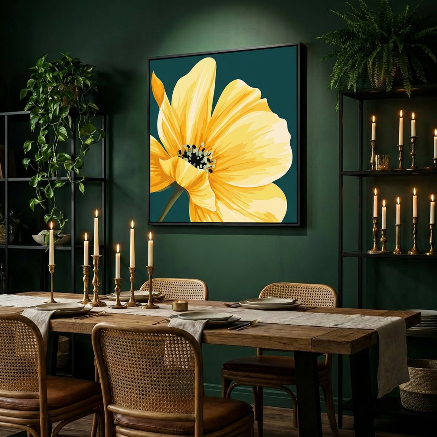 Dining room with a large Maya Yellow flower art work on the wall, above a wooden table, and chairs.