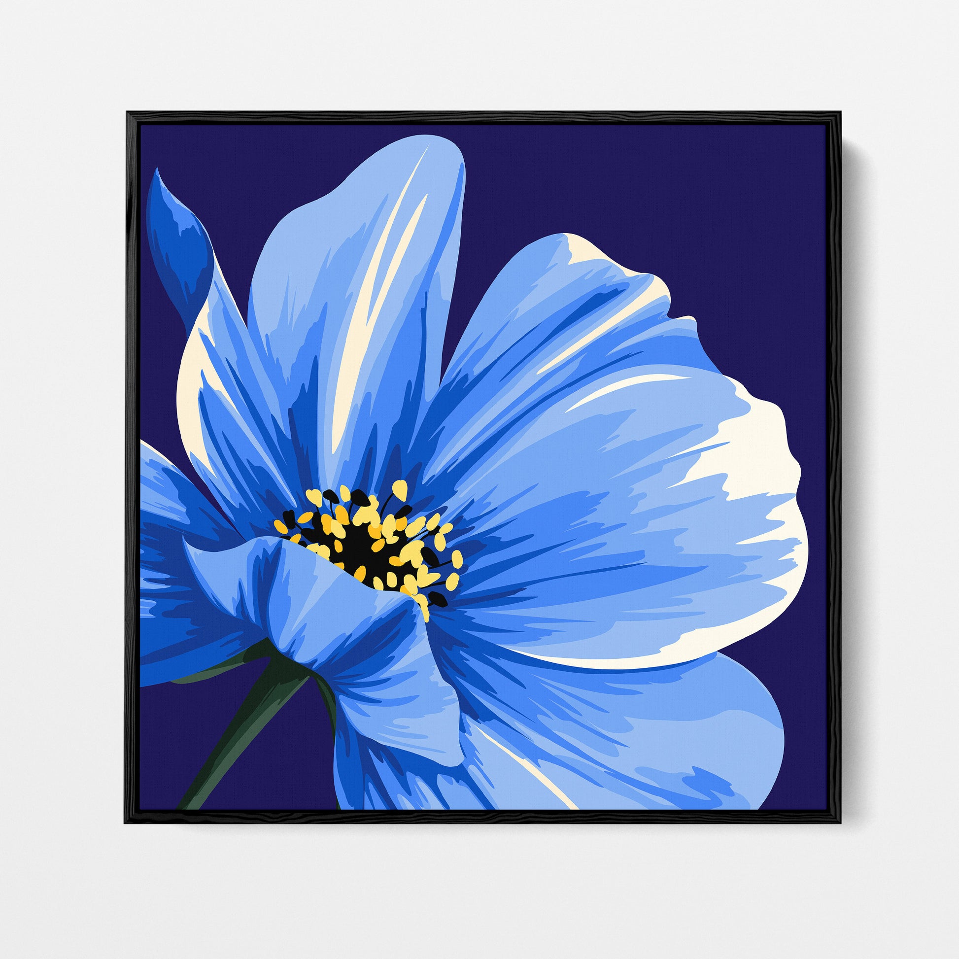 Blue cosmos floral wall art - bold close-up of a single blue bloom against deep navy background, framed print front view