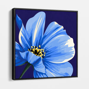 Framed cosmos floral wall art angled view showing frame depth - vivid blue petals against deep navy background with botanical detail