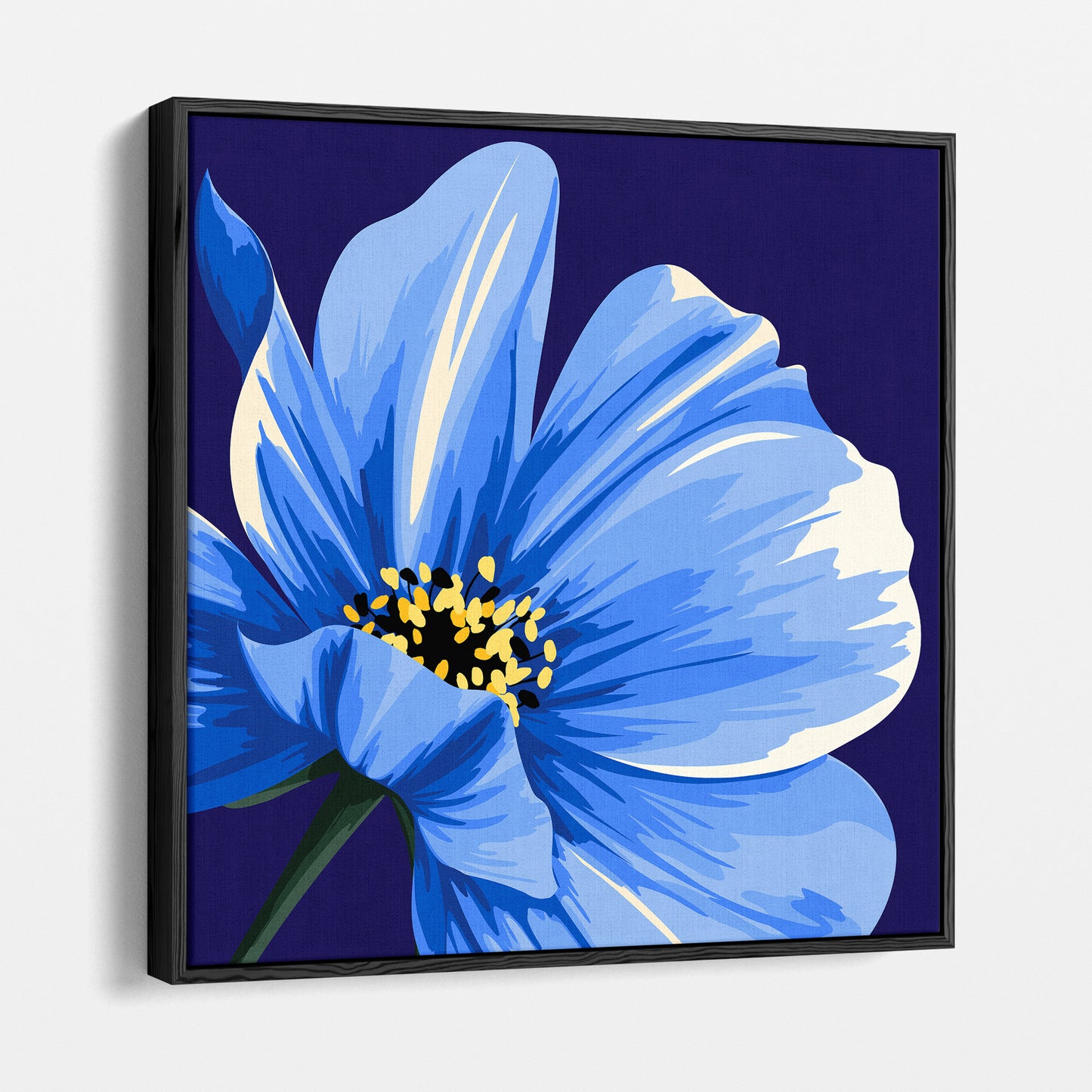 Framed cosmos floral wall art angled view showing frame depth - vivid blue petals against deep navy background with botanical detail