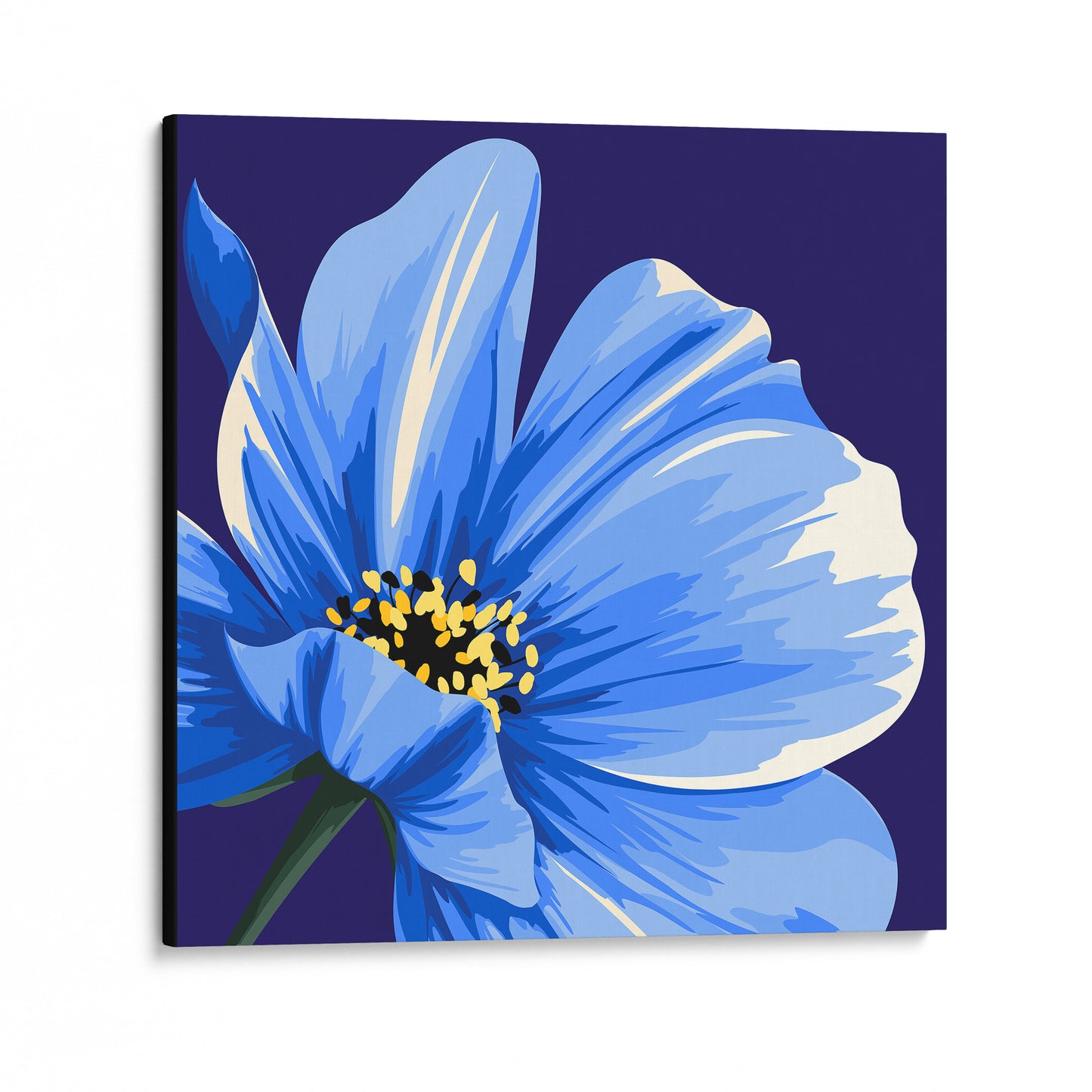 Unframed cosmos floral wall art angled view showing canvas depth - vivid blue bloom against deep navy with rich botanical detail