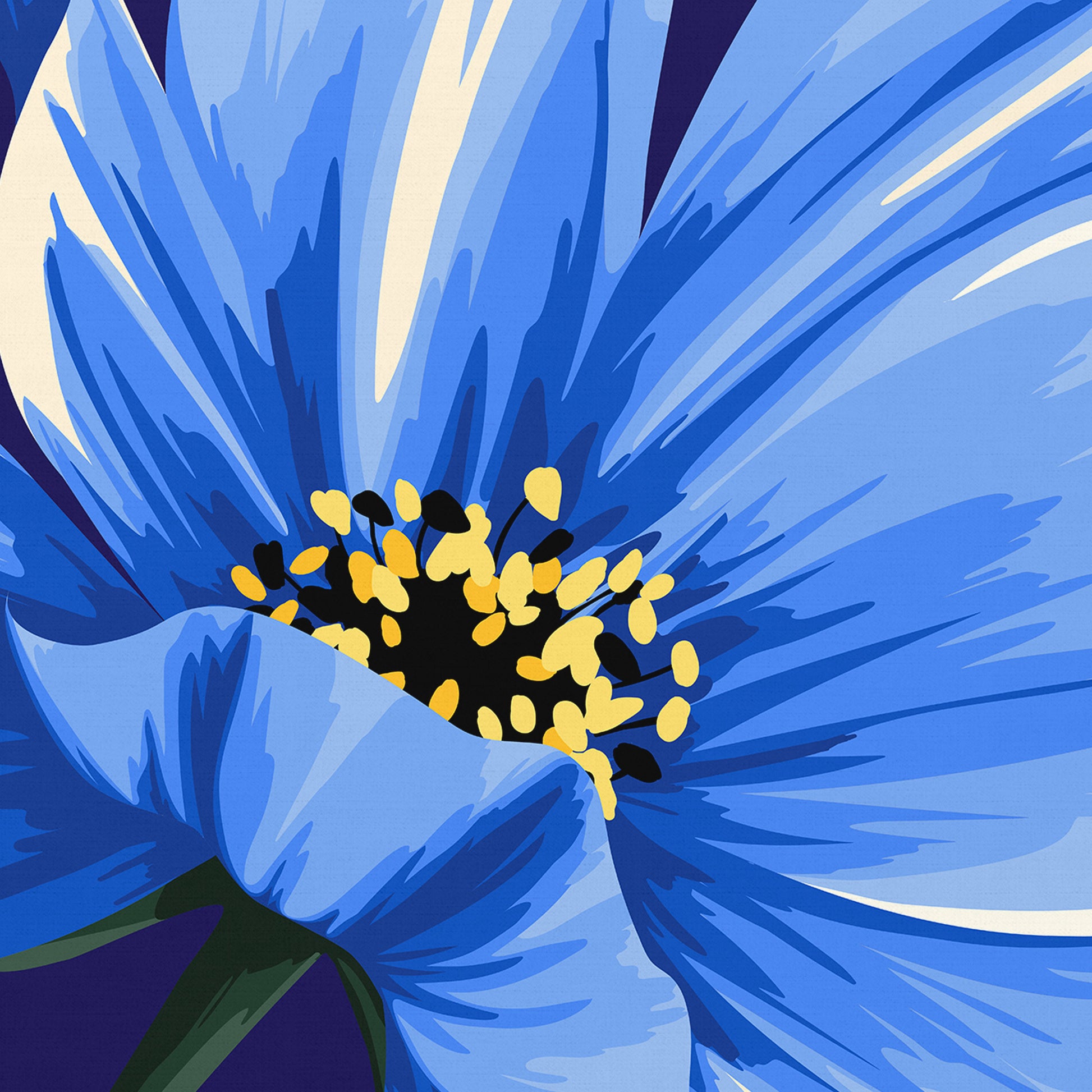 Close-up of cosmos flower artwork - single blue bloom with layered petal detail and bold navy contras
