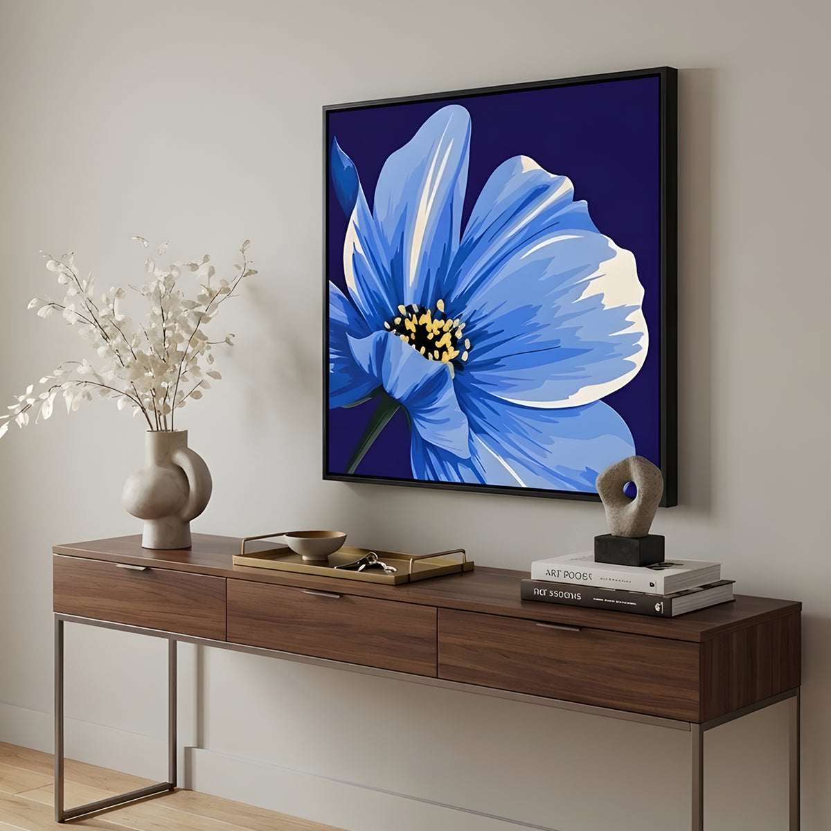 Maya Blue cosmos floral wall art in modern room setting - bold botanical statement piece with cool blue tones for contemporary home decor