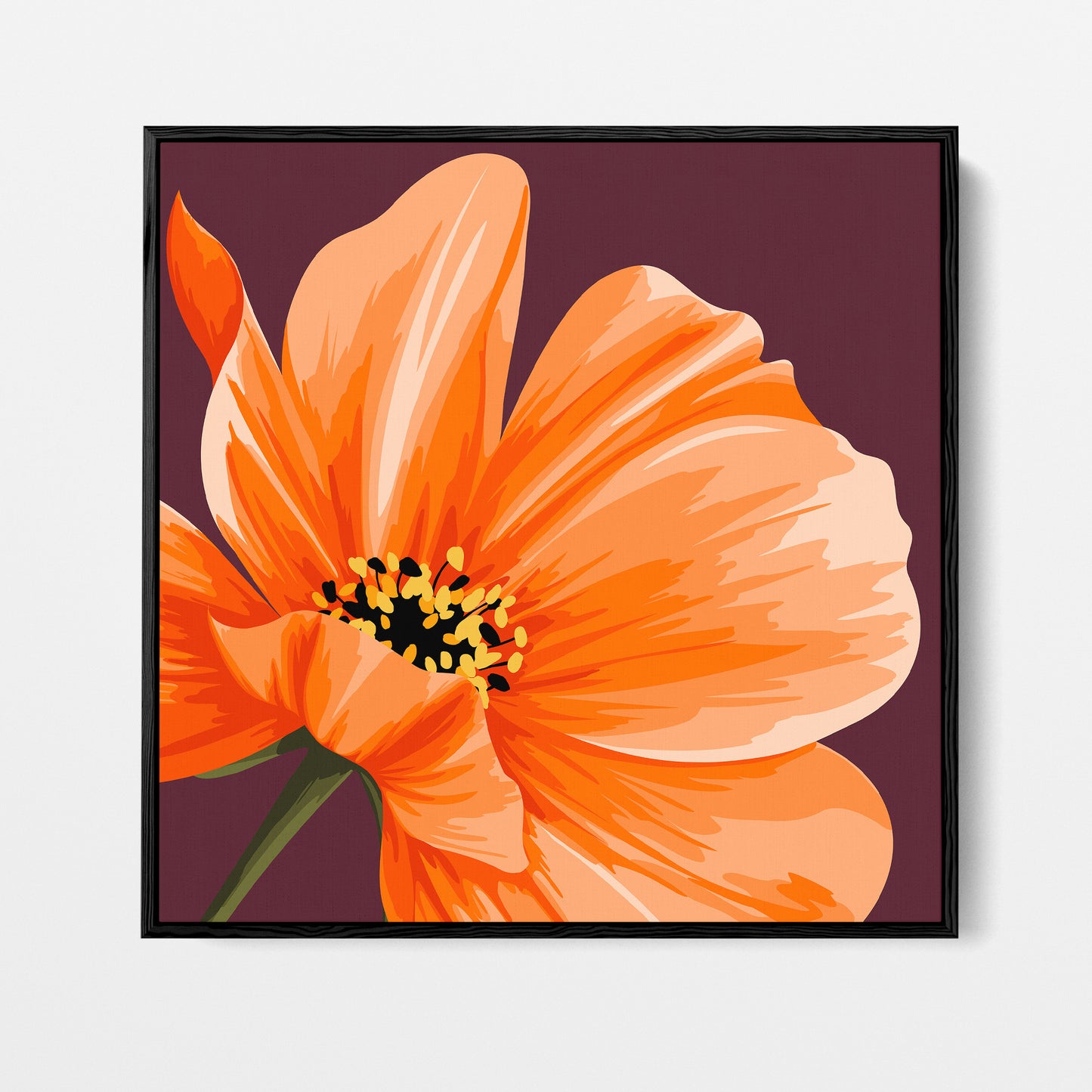 Maya Orange cosmos floral wall art - bold close-up of a single orange bloom against deep burgundy background, framed print front view