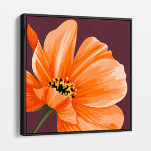 Framed Maya Orange cosmos wall art angled view showing frame depth - vivid orange petals against deep burgundy background with floral detail