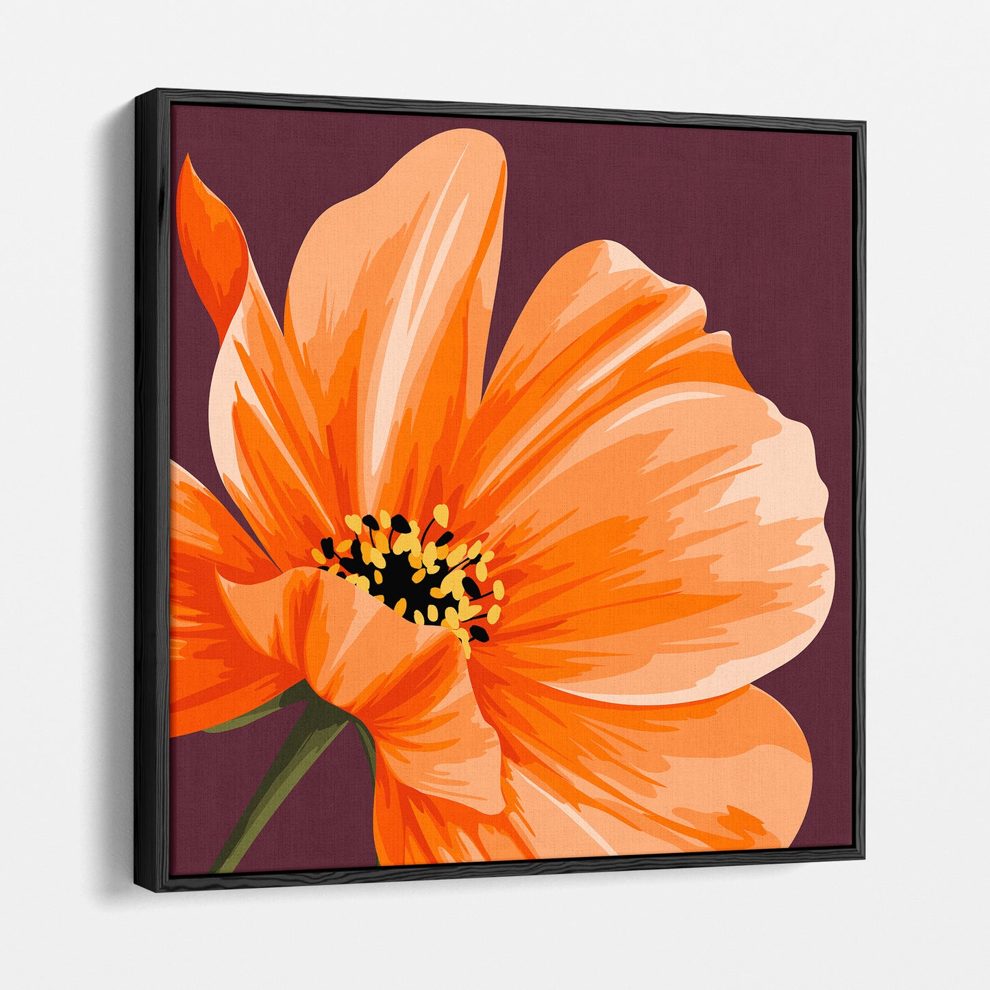 Framed Maya Orange cosmos wall art angled view showing frame depth - vivid orange petals against deep burgundy background with floral detail
