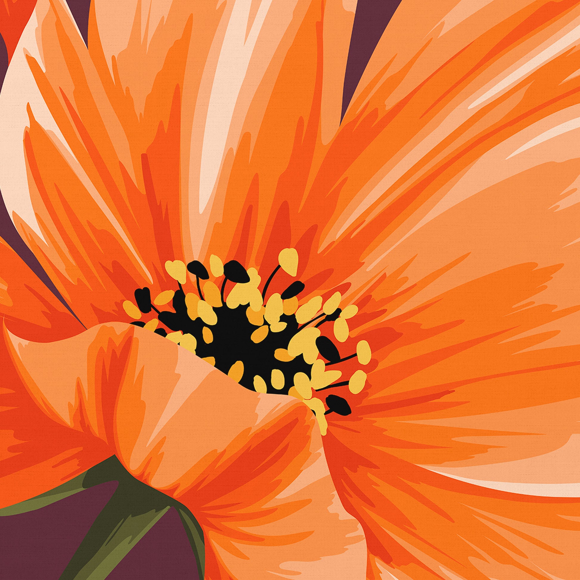 Close-up detail of framed Maya Orange print - warm orange petals and golden floral centre against deep burgundy background