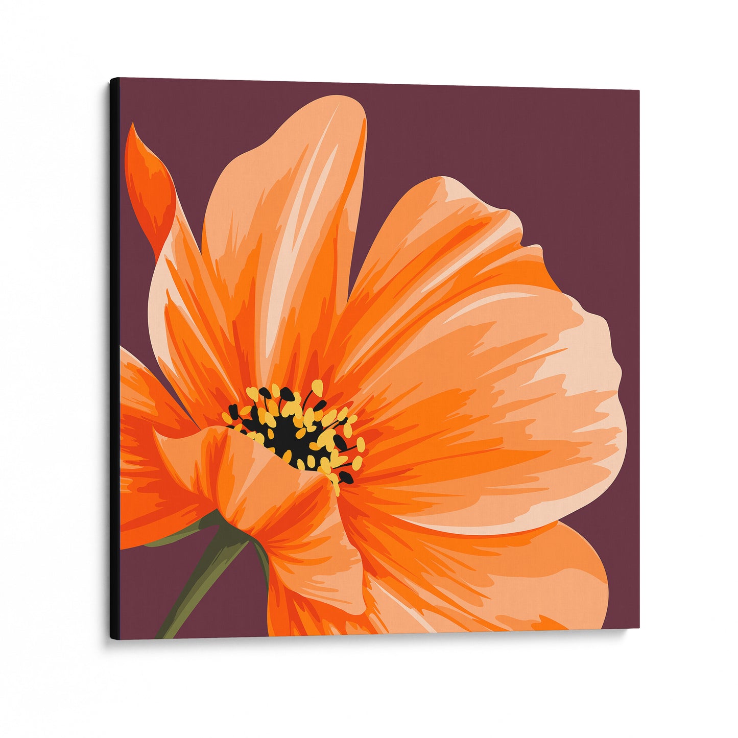 Unframed Maya Orange cosmos wall art angled view showing canvas depth - vivid orange bloom against deep burgundy with rich botanical detail