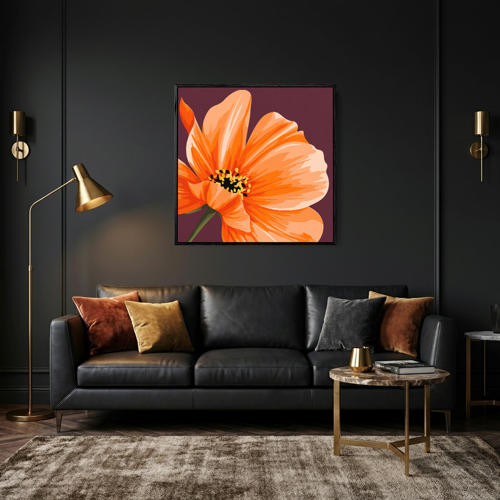 Modern living room with a large Maya orange flower painting on the wall.