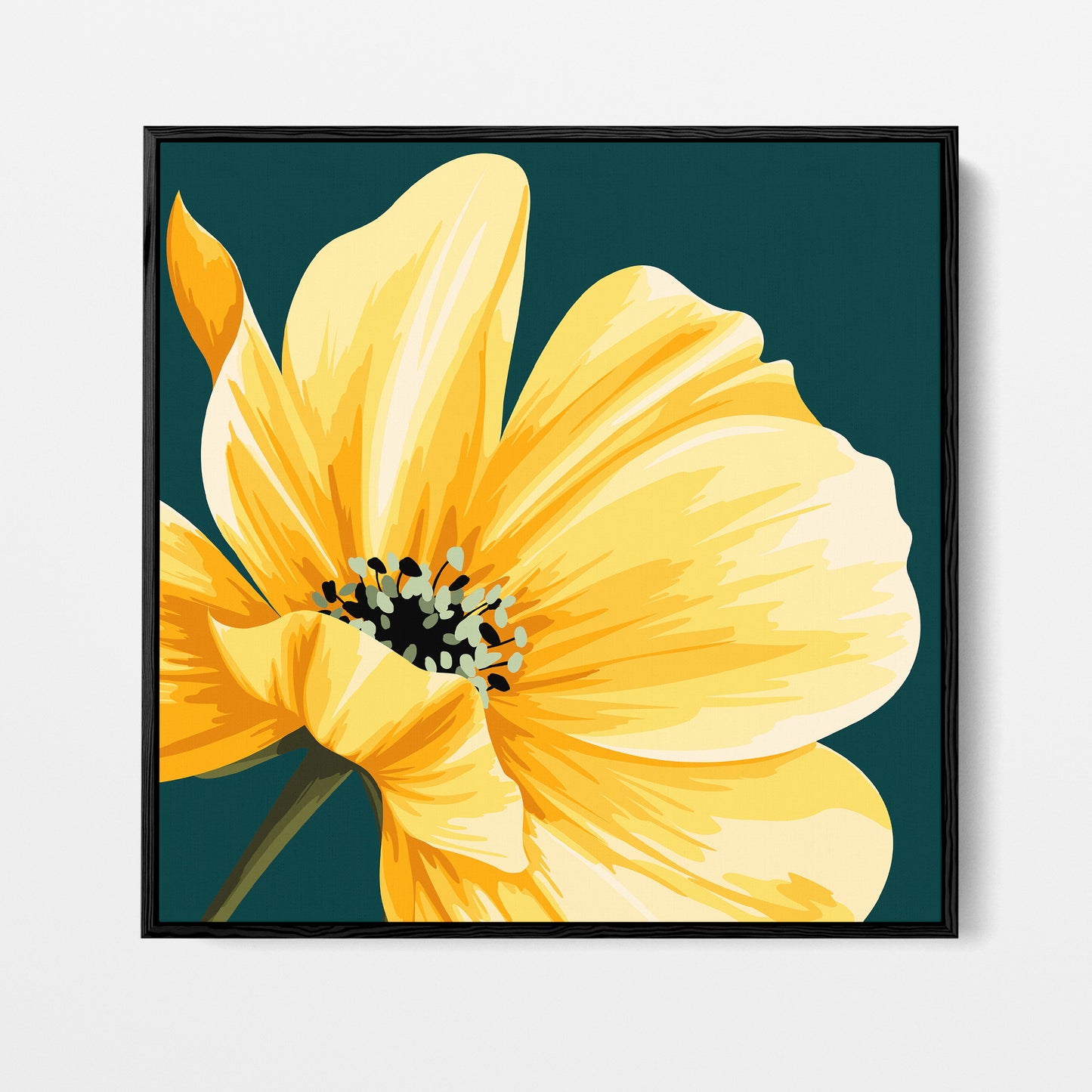 Golden cosmos floral wall art - bold close-up of a single yellow bloom against deep teal background, framed print front view