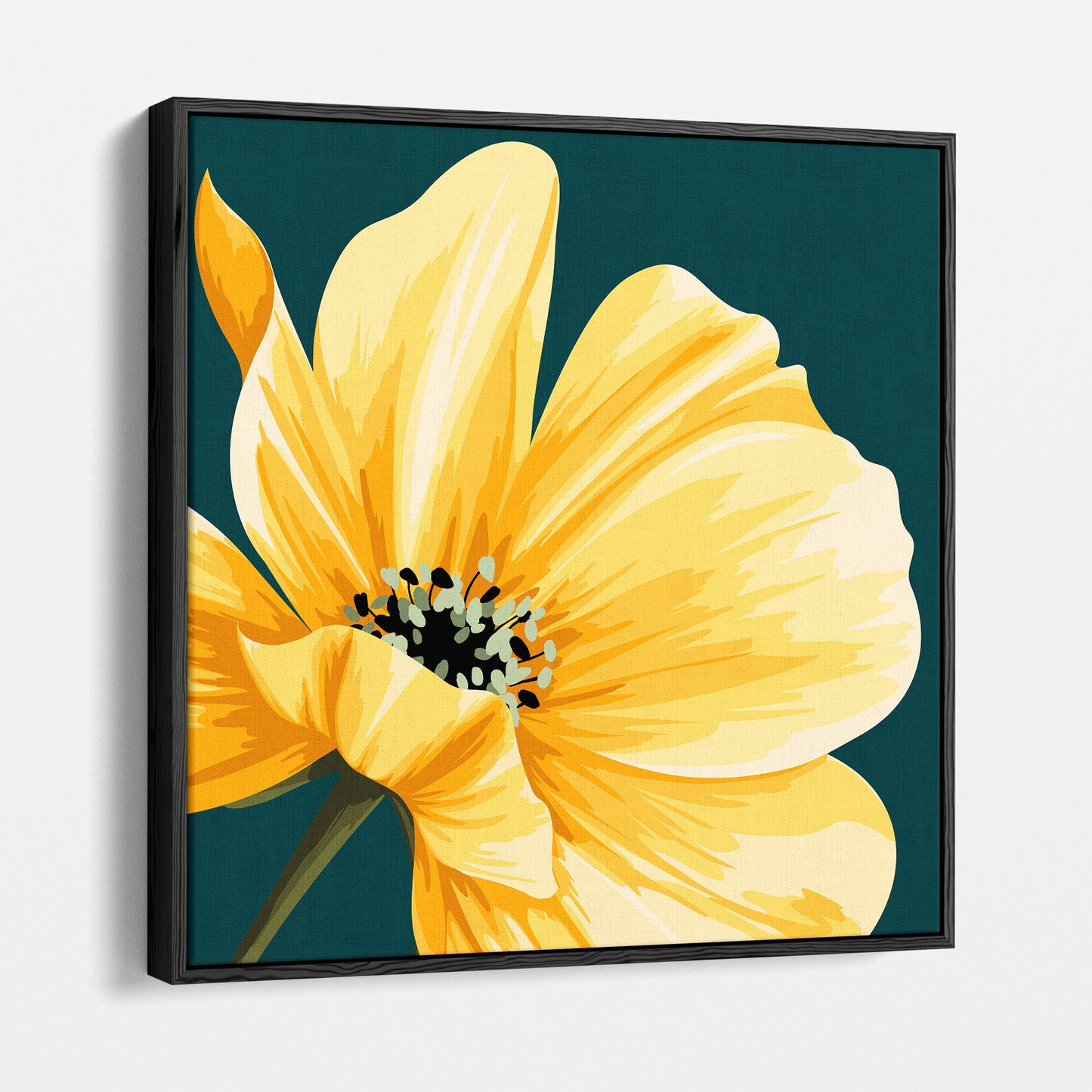 Framed cosmos floral wall art angled view showing frame depth - golden yellow petals against deep teal background with botanical detail