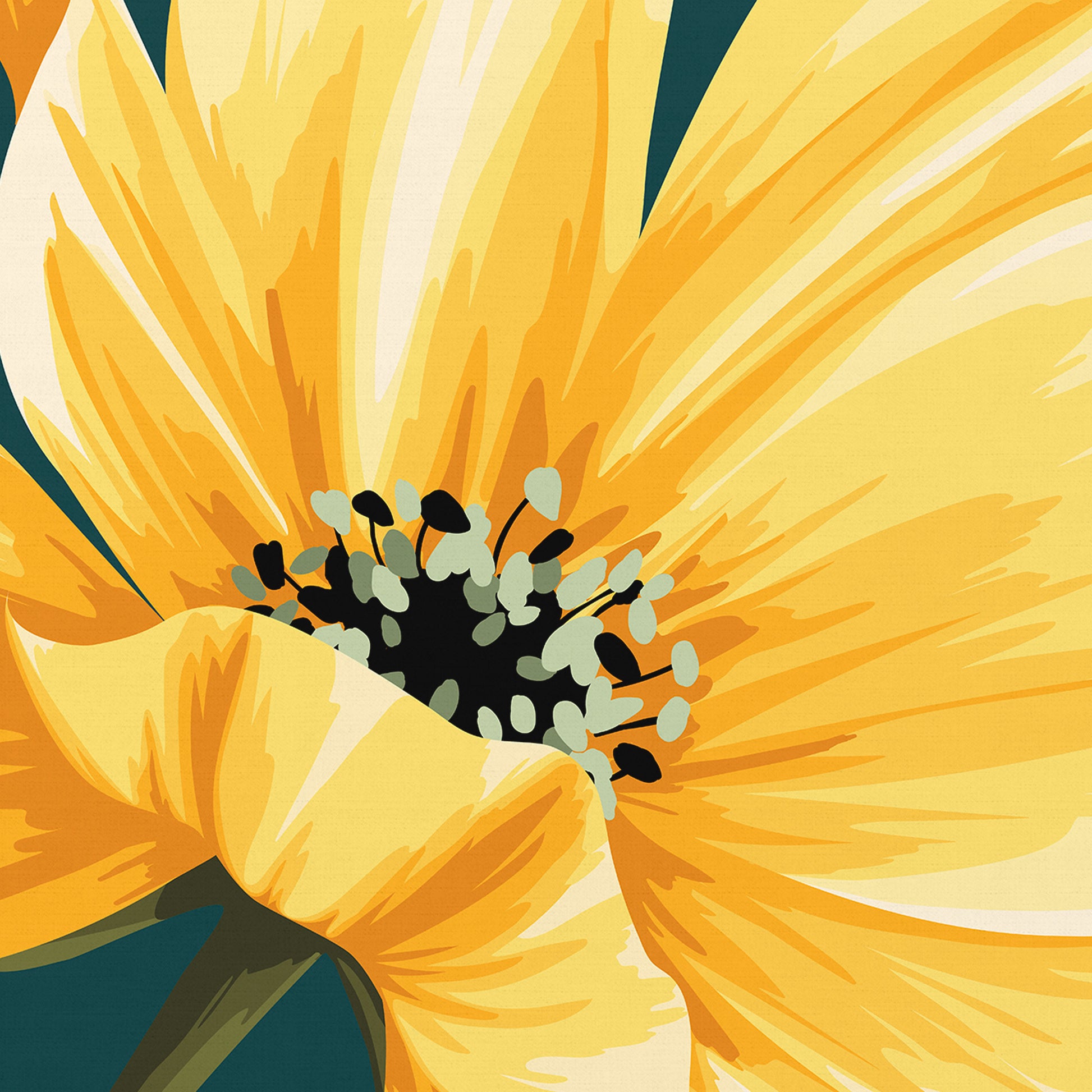 Close-up of cosmos flower artwork - single golden bloom with layered petal detail and bold teal contrast
