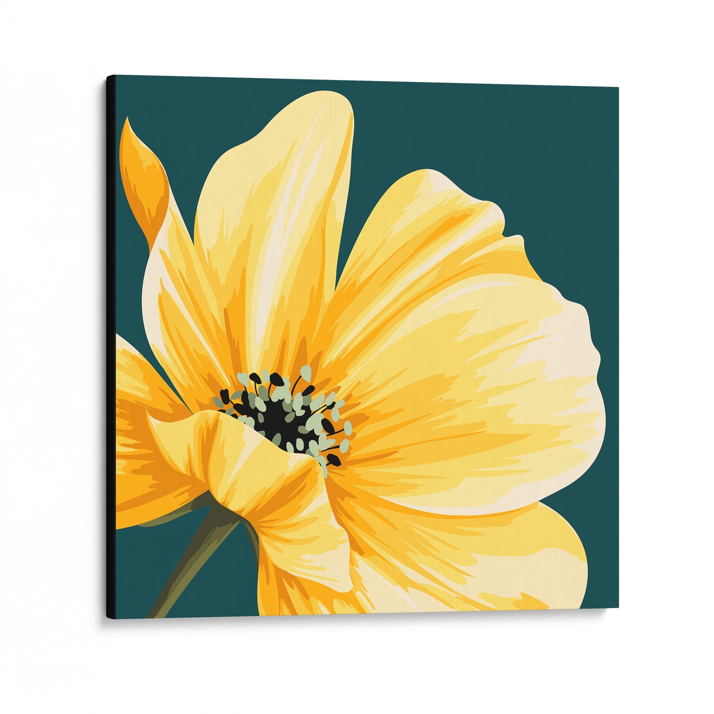 Unframed cosmos floral wall art angled view showing canvas depth - golden yellow bloom against deep teal with rich botanical detail