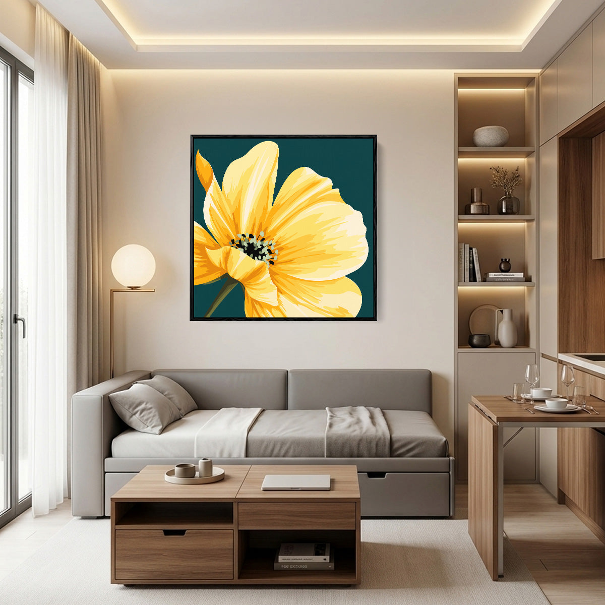 Cosmos floral wall art in modern room setting - bold botanical statement piece with warm golden tones for contemporary home decor