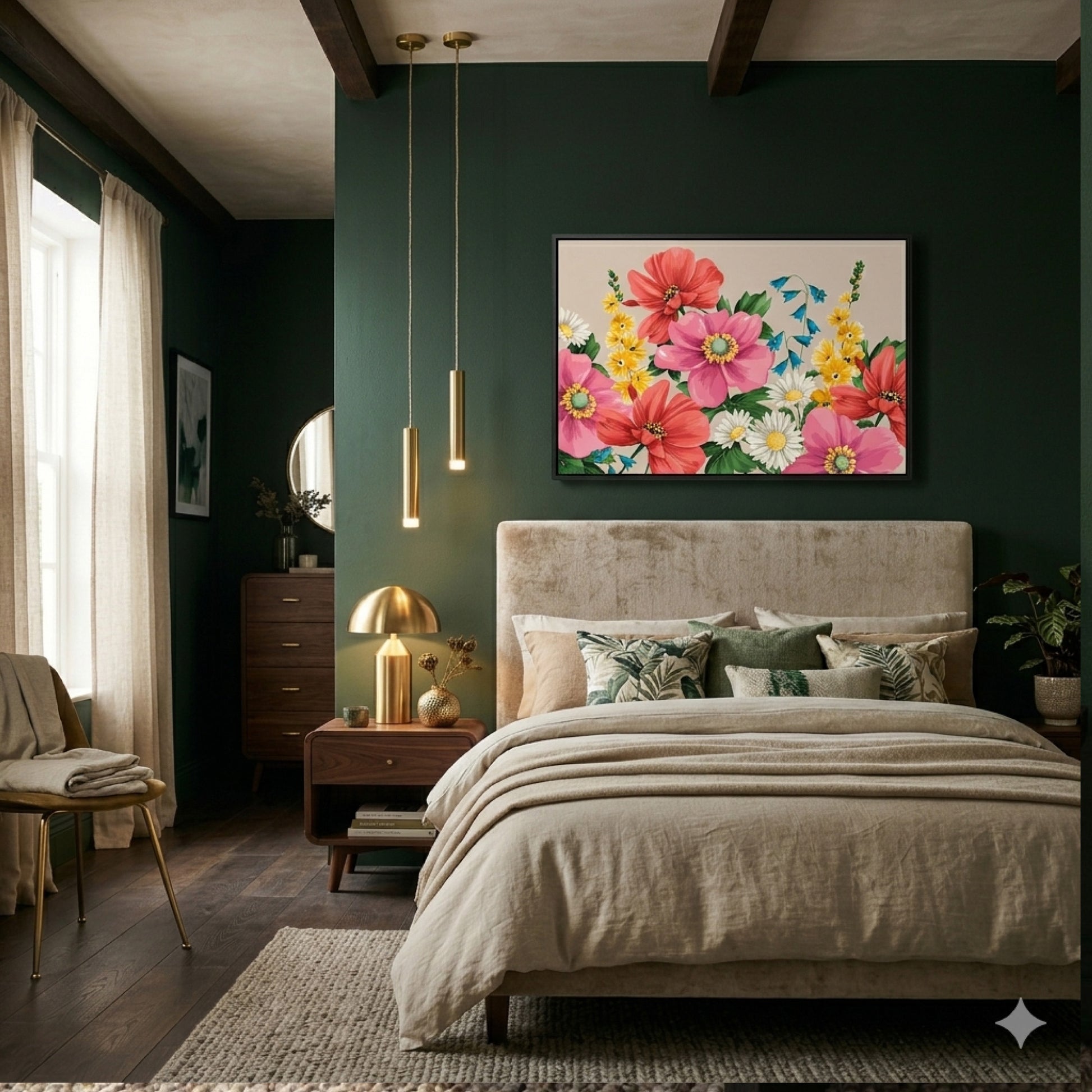 Neatly made bed in a bedroom with a Meadow Oatmeal floral wall art on the wall.