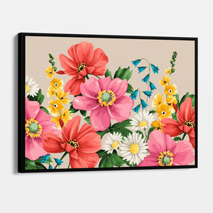 Framed Meadow Oatmeal floral wall art angled view showing frame depth - blush pink and coral blooms against warm oatmeal background with botanical detail