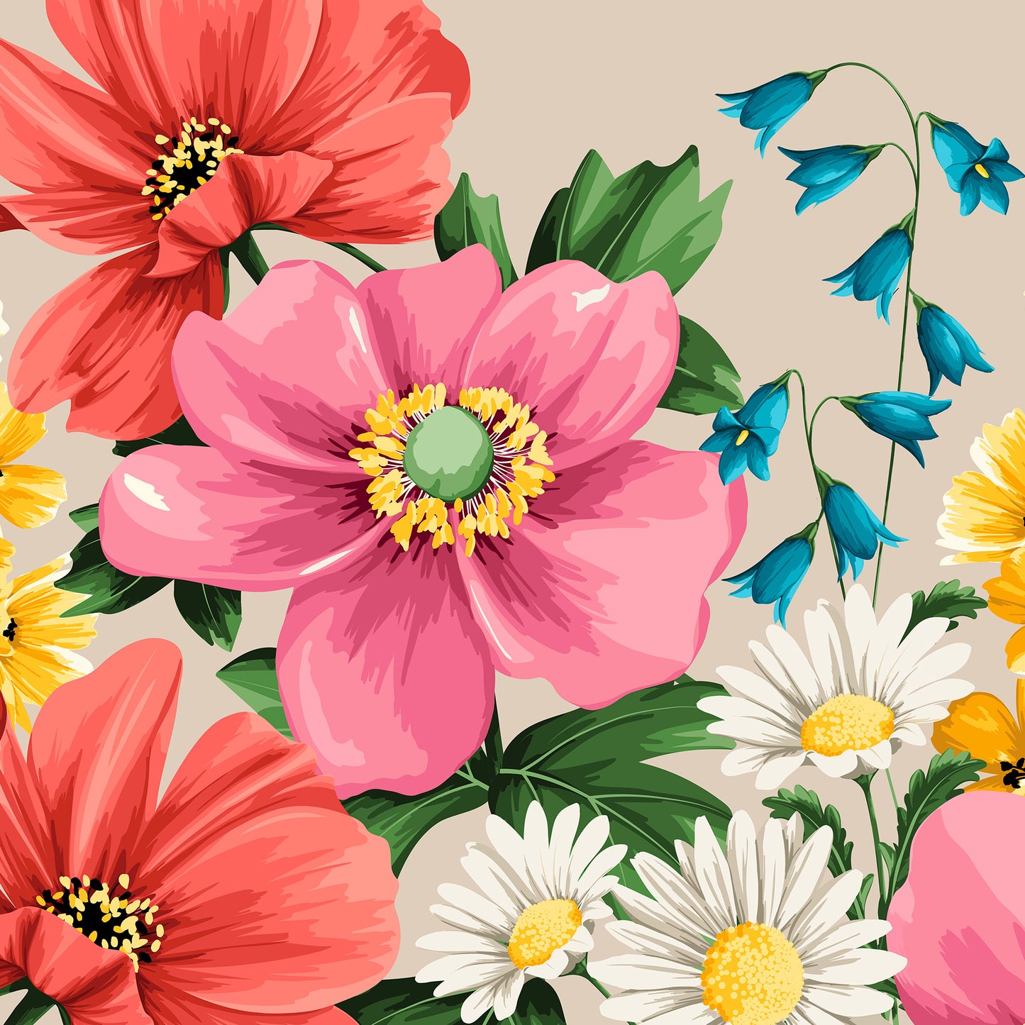Close-up of Meadow Oatmeal artwork - blush pink anemones and coral blooms with layered petal detail and warm oatmeal contrast