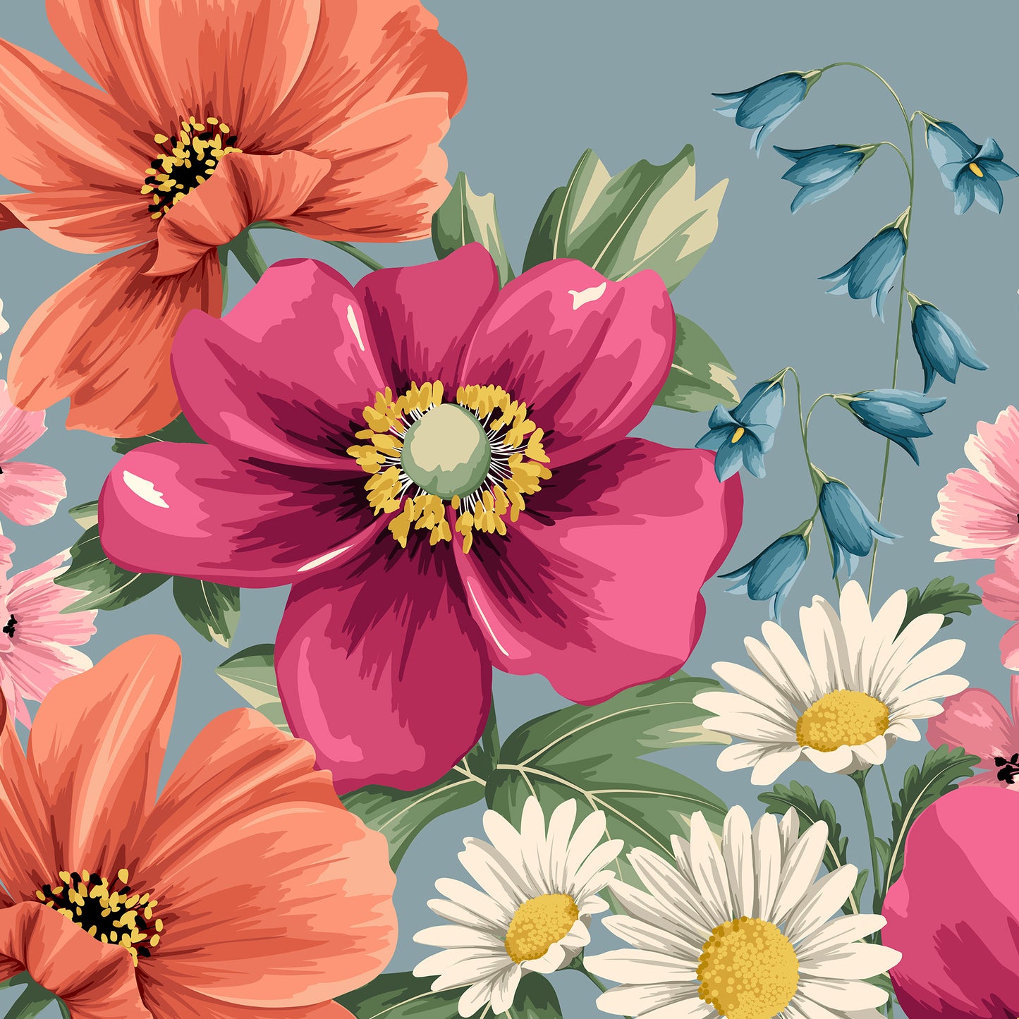 Close-up of Meadow Smoky Blue artwork - magenta anemones and coral cosmos with layered petal detail and cool blue contrast