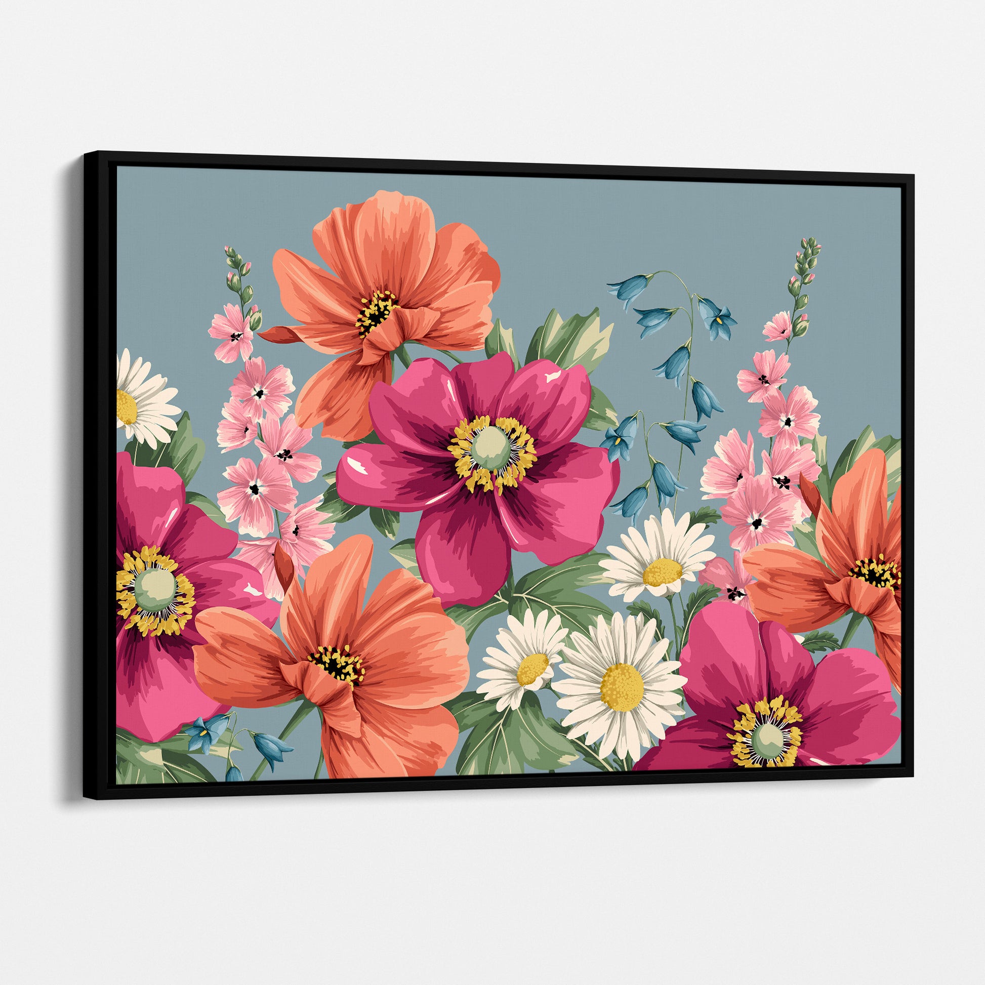 Framed Meadow Smoky Blue floral wall art angled view showing frame depth - deep magenta and coral blooms against soft smoky blue background with botanical detail