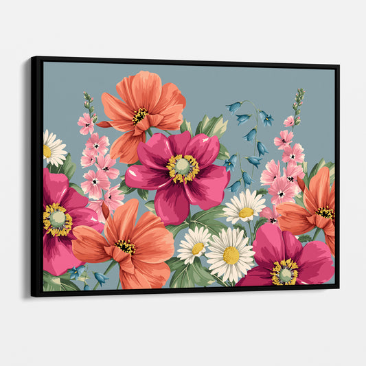 Framed Meadow Smoky Blue floral wall art angled view showing frame depth - deep magenta and coral blooms against soft smoky blue background with botanical detail