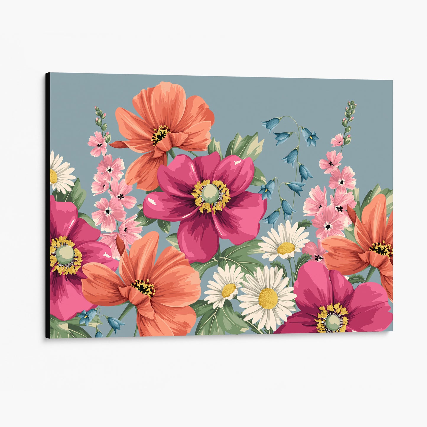 "Framed Meadow Smoky Blue floral wall art angled view showing frame depth - deep magenta and coral blooms against soft smoky blue background with botanical detail