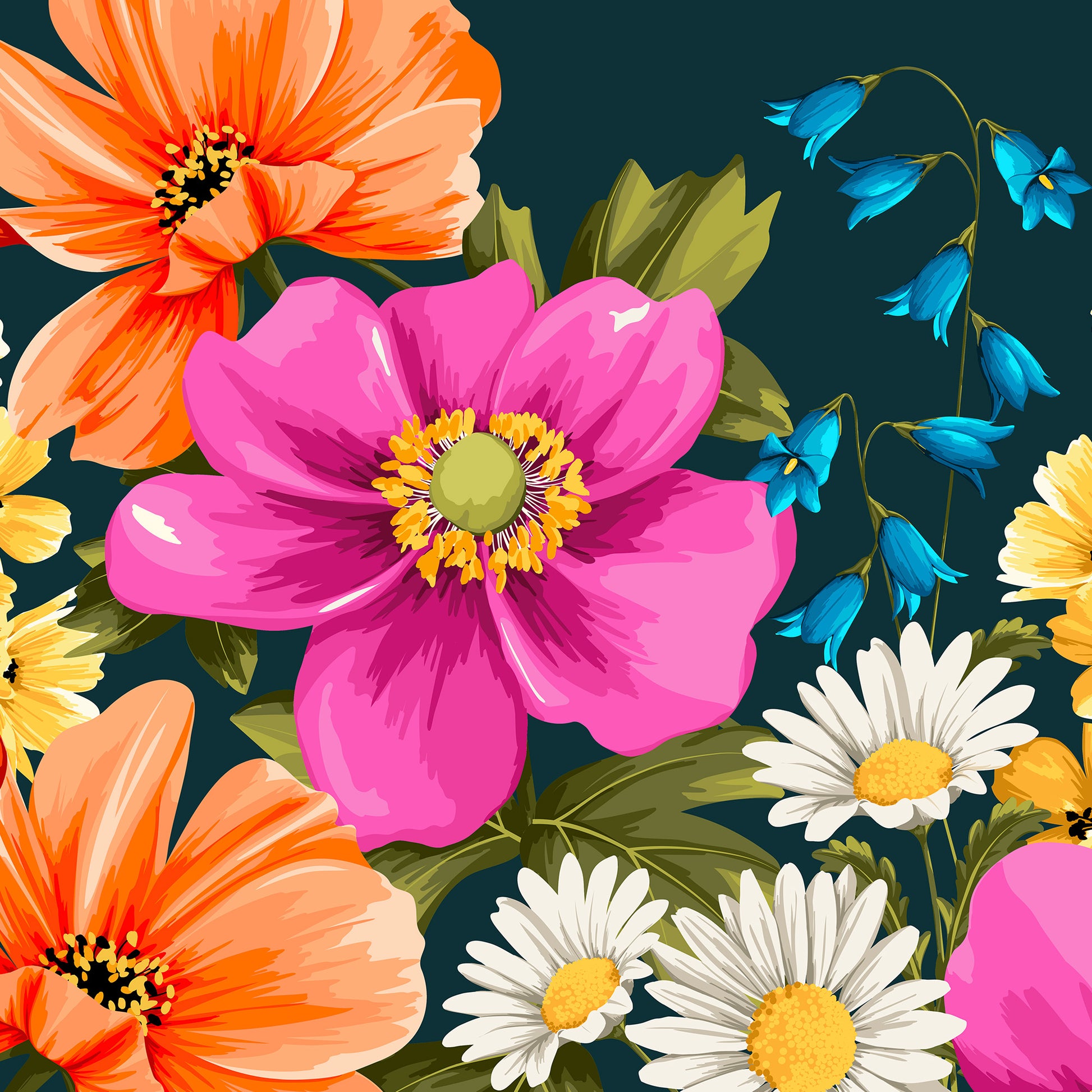 Close-up of meadow flower artwork - pink anemones, white daisies and orange cosmos with layered petal detail and bold teal contrast