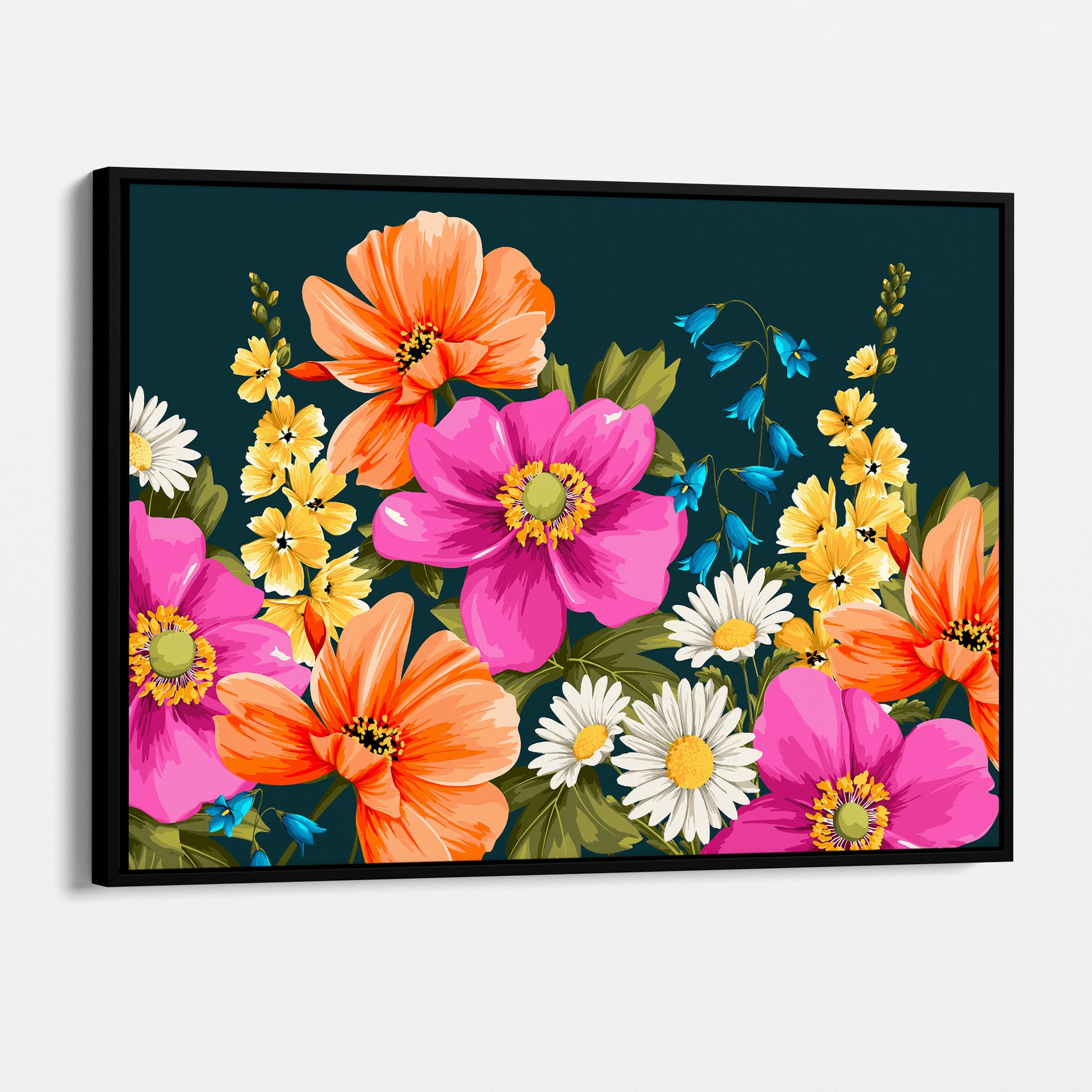 Framed meadow floral wall art angled view showing frame depth - pink, orange and yellow wildflowers against deep teal background with rich botanical detail