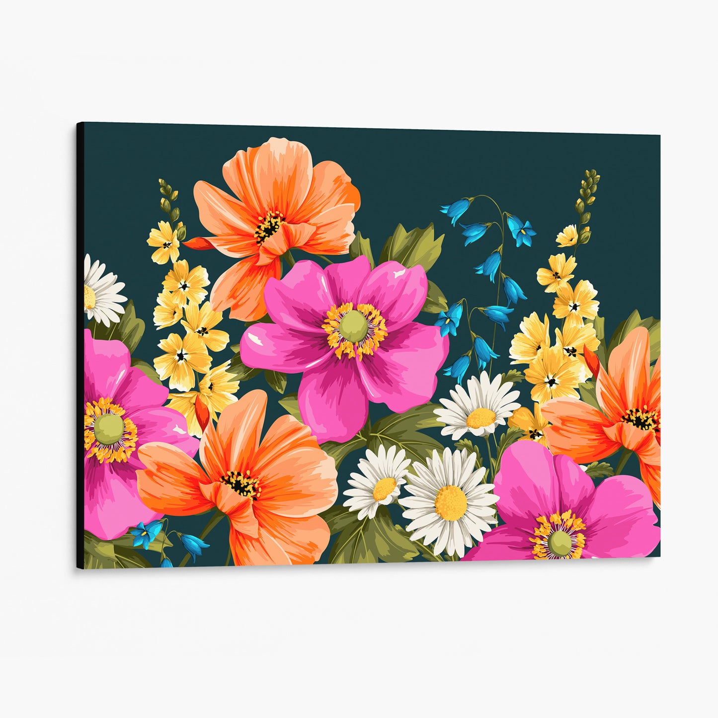 Unframed meadow floral wall art angled view showing canvas depth - vibrant summer blooms against deep teal with layered botanical detail