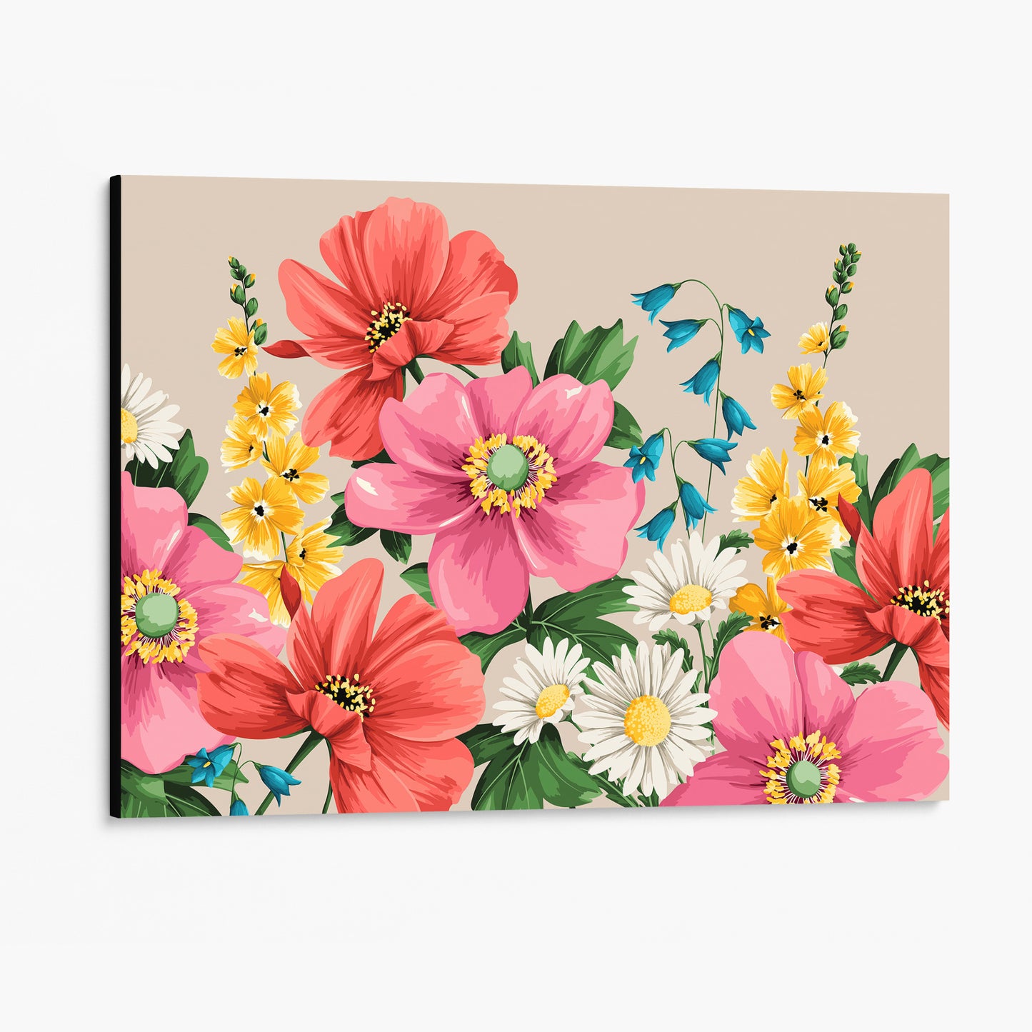 Unframed Meadow Oatmeal floral wall art angled view showing canvas depth - warm summer blooms against soft oatmeal with layered botanical detail