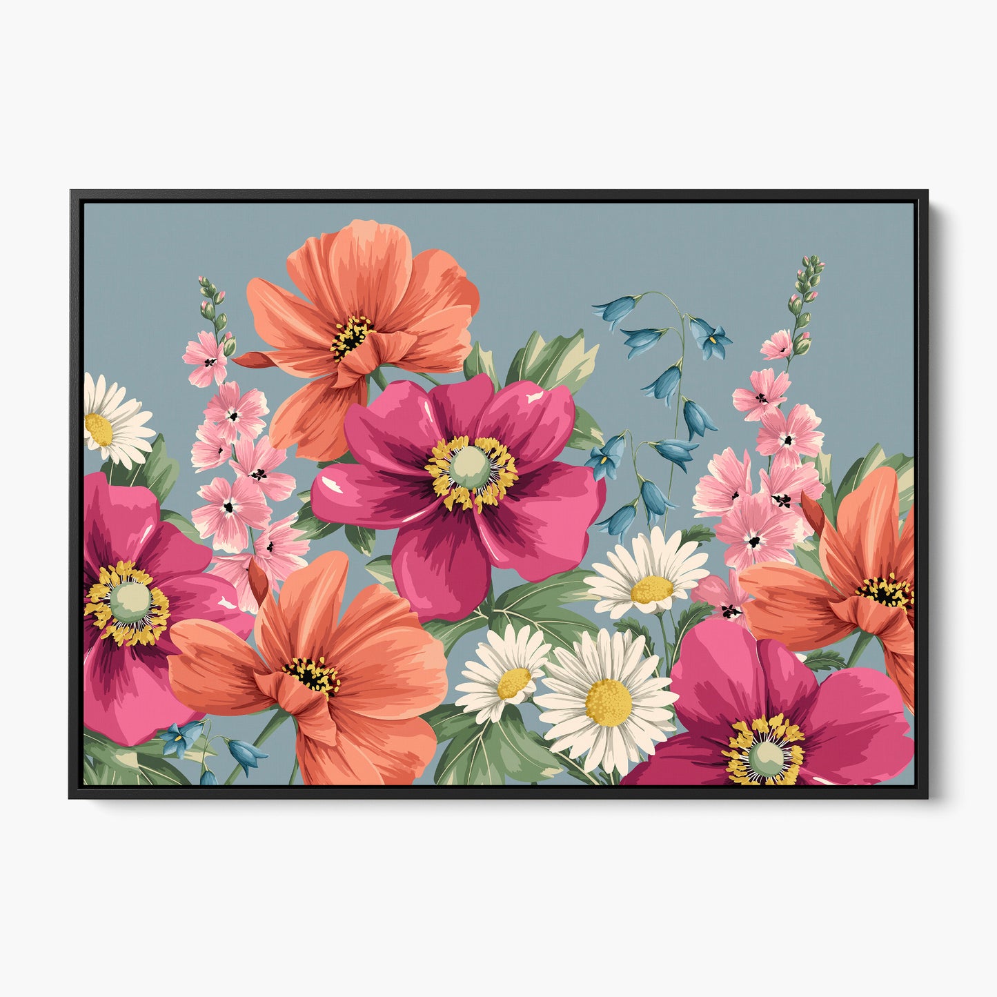 Meadow Smoky Blue floral wall art - bold botanical canvas print with magenta anemones and coral cosmos against smoky blue background, framed print front view