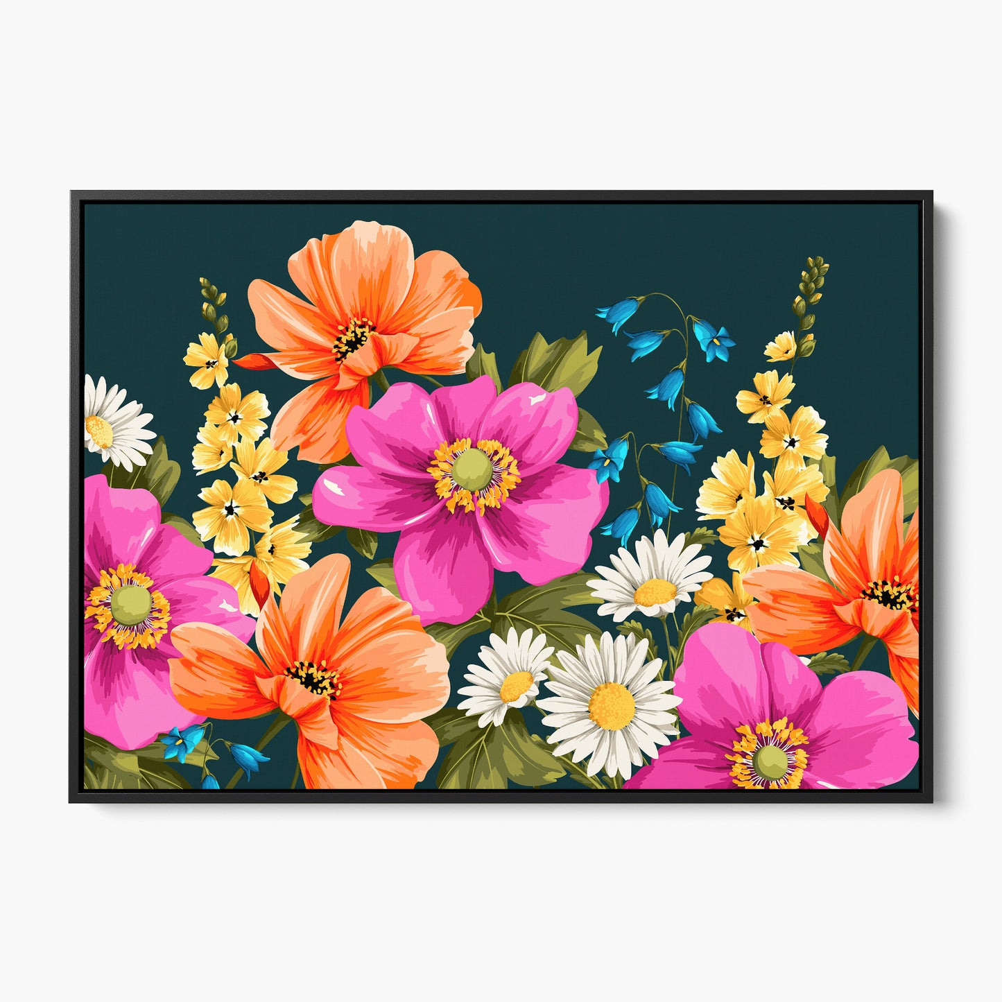 Meadow floral wall art - vibrant botanical canvas print with pink anemones, orange cosmos and white daisies against deep teal background, framed print front view