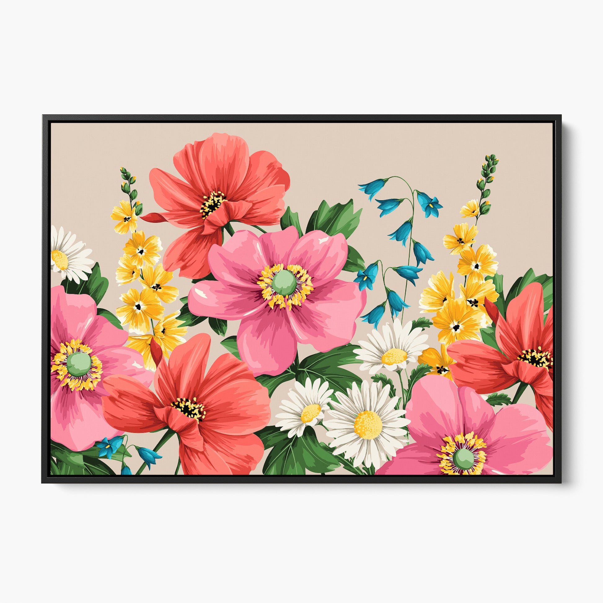 Meadow Oatmeal floral wall art - warm botanical canvas print with blush pink anemones and coral blooms against soft oatmeal background, framed print front view